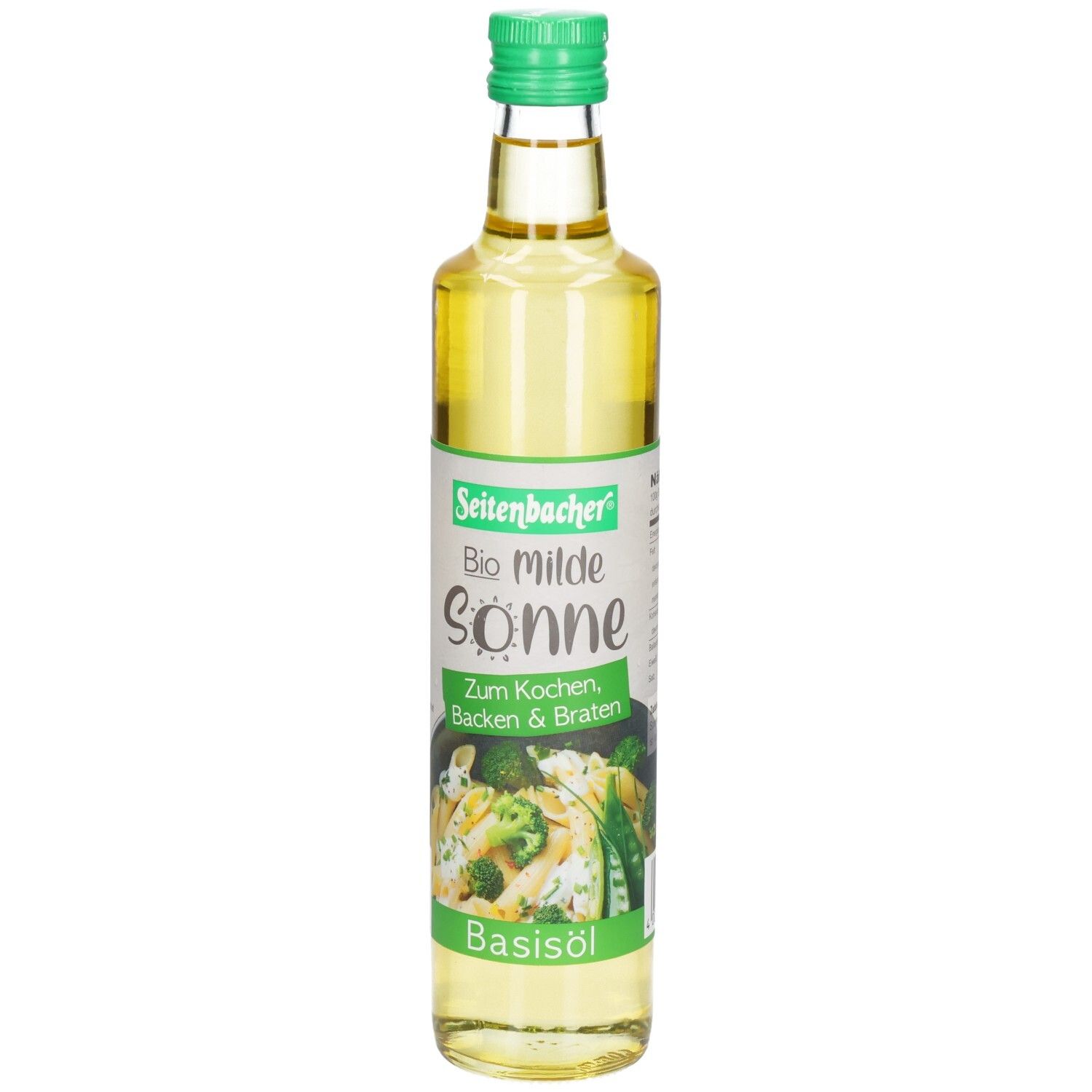 Glasflasche mit grünem Deckel. Etikett mit Produktnamen und Abbildung von Gemüse. Basisöl.