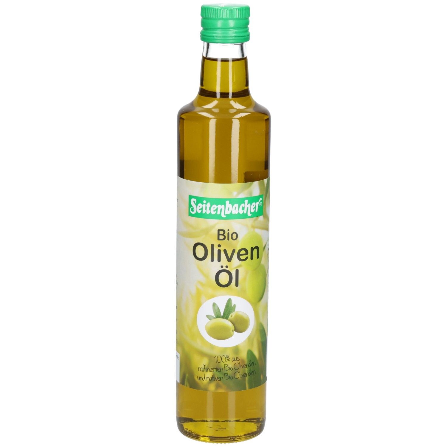 Grüne Glasflasche mit grünem Deckel. Aufschrift: Seitenbacher Bio Oliven Öl. Abbildung von Oliven.