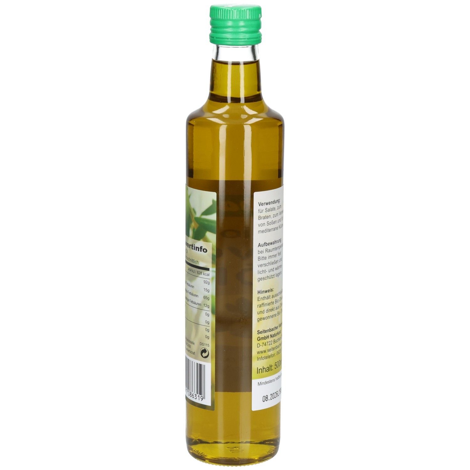 Grüne Glasflasche mit Textinformationen. Aufschrift: Seitenbacher Bio Oliven Öl. Detailansicht der Etiketten.