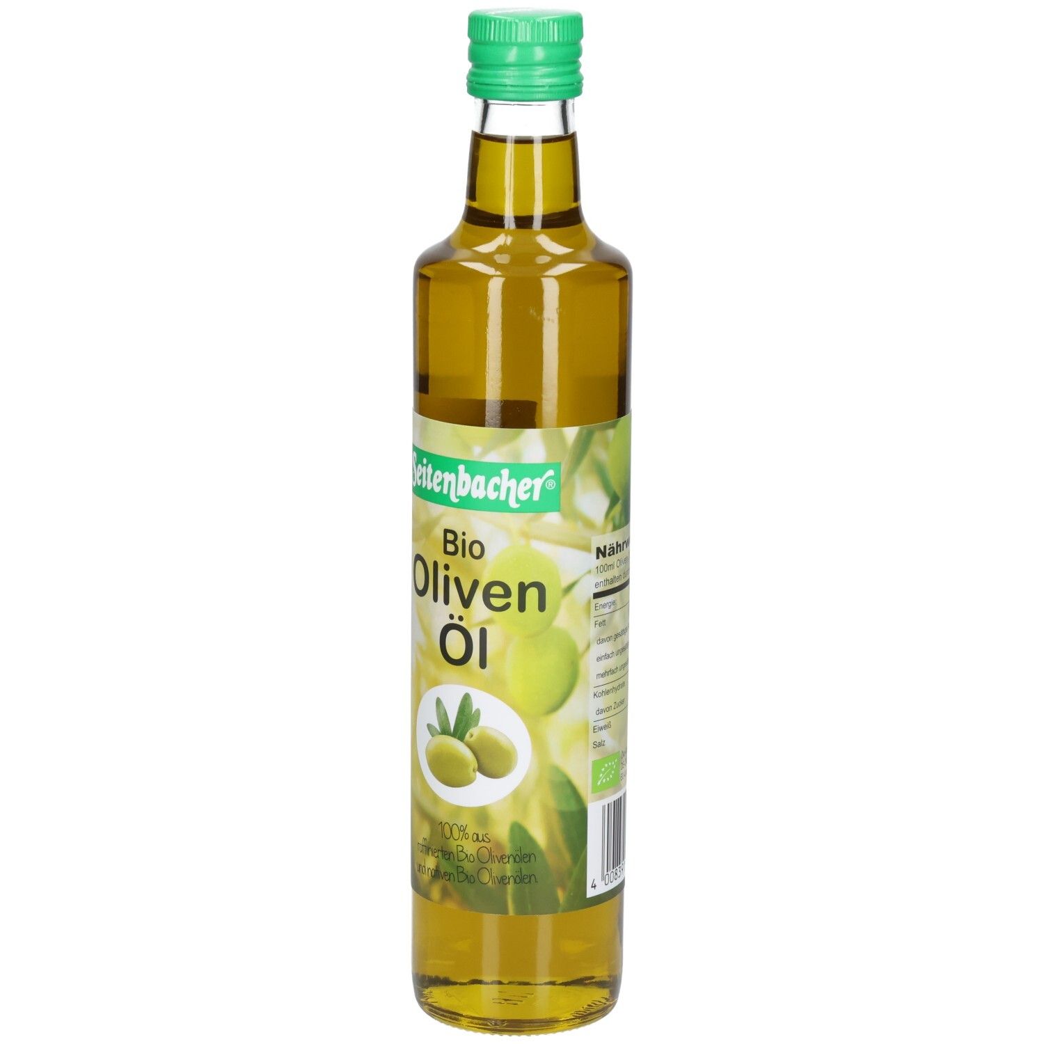 Grüne Glasflasche mit grünem Deckel. Aufschrift: Seitenbacher Bio Oliven Öl. Abbildung von Oliven.