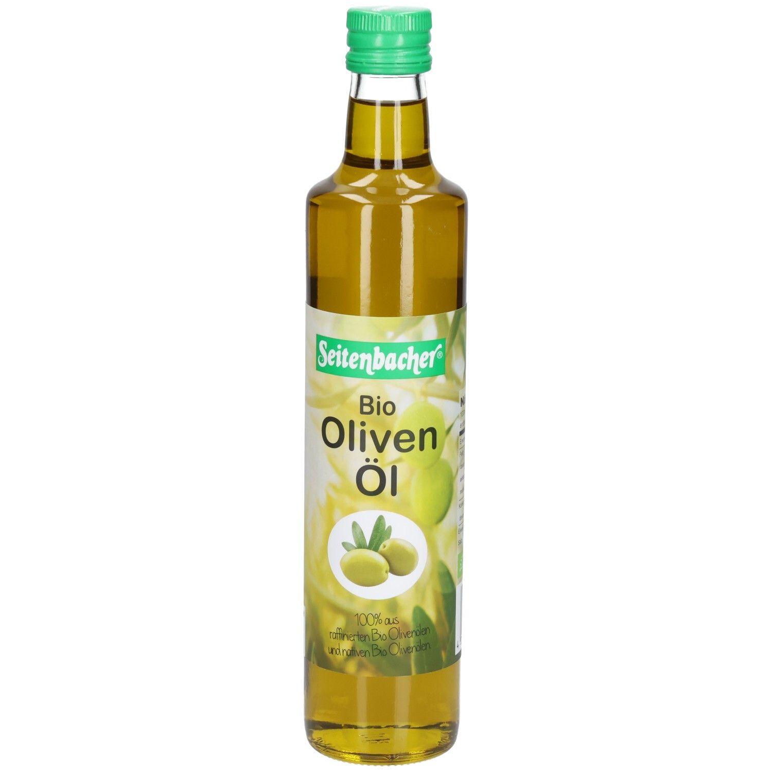 Grüne Glasflasche mit grünem Deckel. Aufschrift: Seitenbacher Bio Oliven Öl. Abbildung von Oliven.