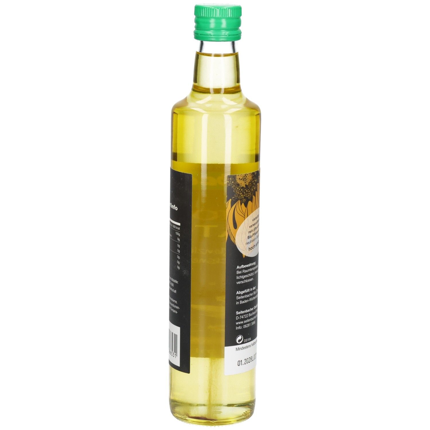 Glasflasche mit grünem Deckel. Seitenansicht mit Text und Sonnenblumen-Illustration. Etikett mit Barcode.
