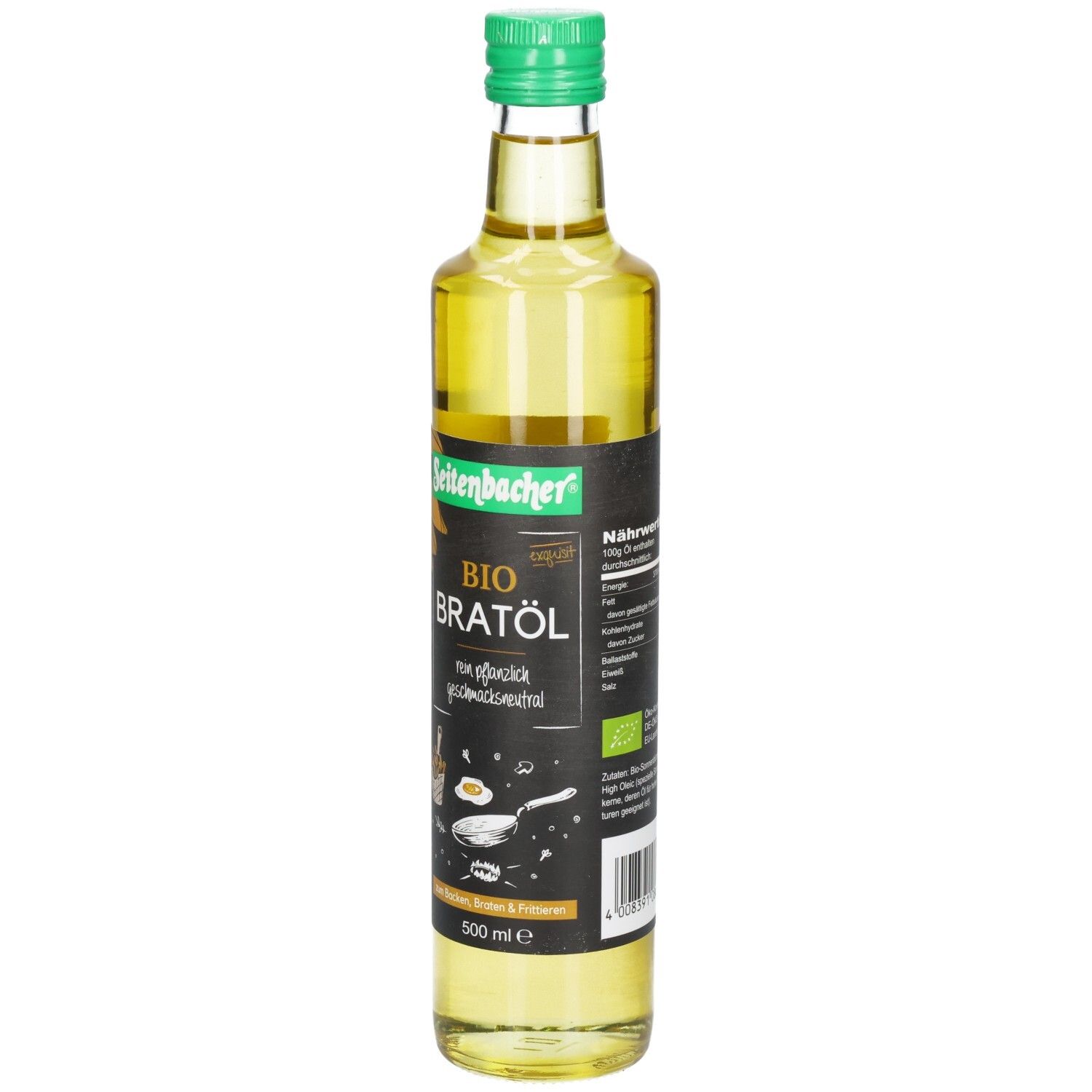 Glasflasche mit grünem Deckel. Aufschrift: BIO BRATÖL, geschmacksneutral. Sonnenblumen-Illustration. 500 ml.