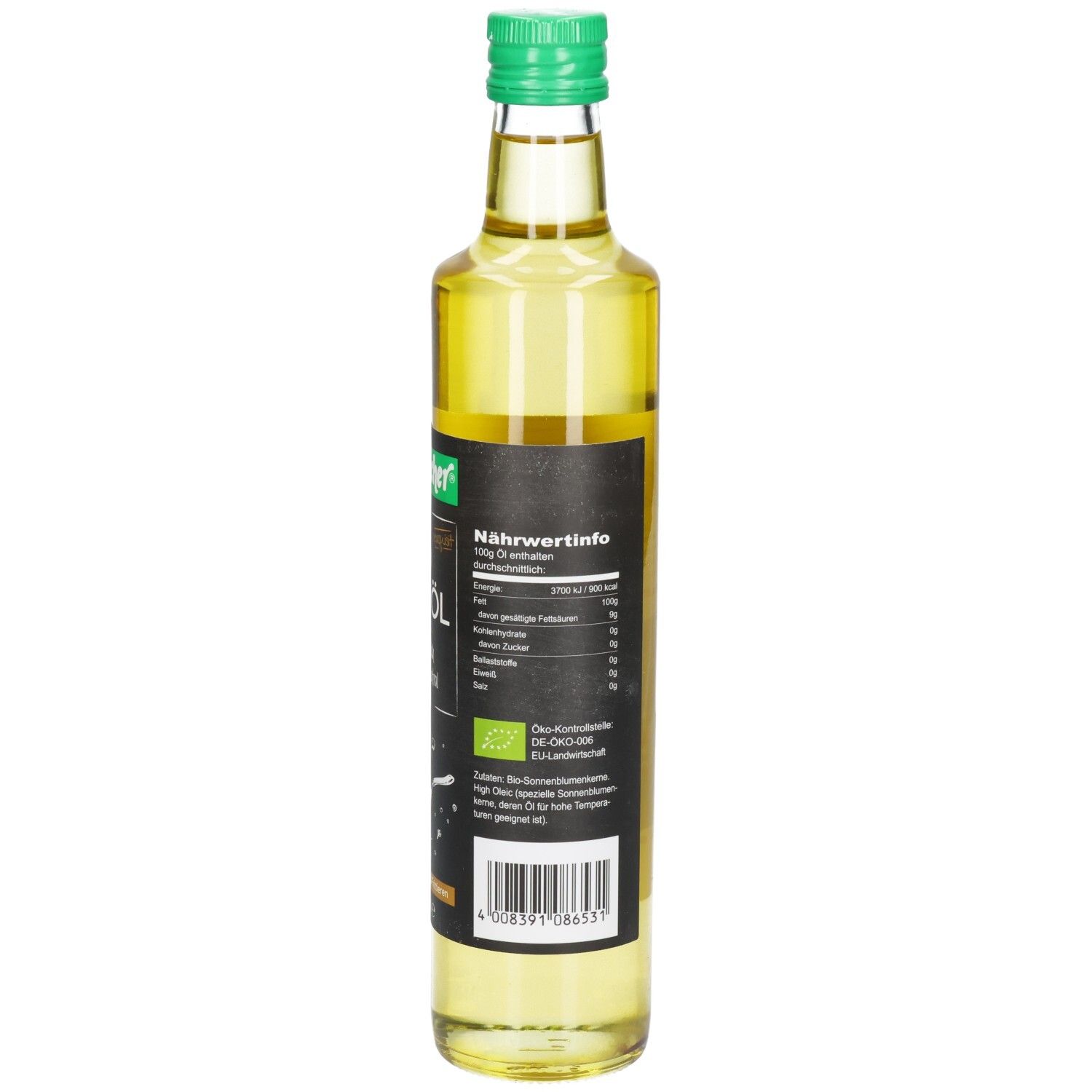 Glasflasche mit grünem Deckel. Rückseite mit Nährwertinformationen und Text. Bio-Siegel.