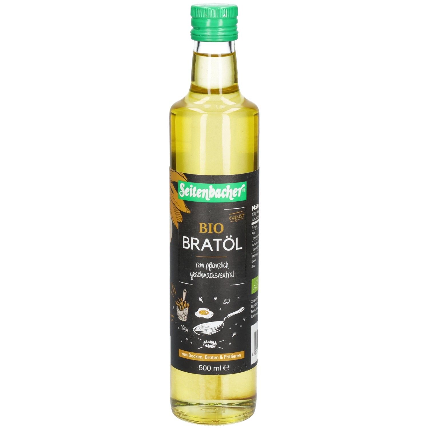 Glasflasche mit grünem Deckel. Aufschrift: BIO BRATÖL, geschmacksneutral. Sonnenblumen-Illustration. 500 ml.