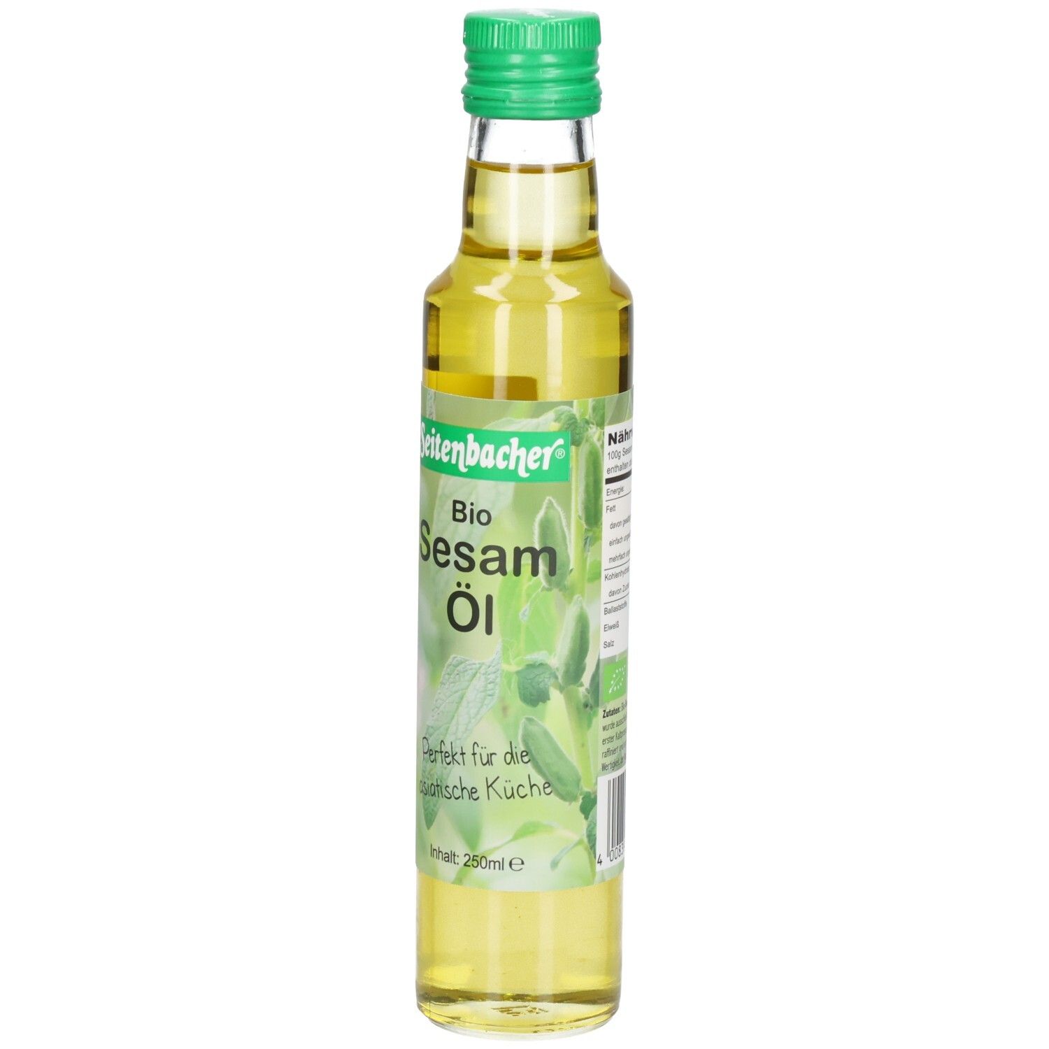 Glasflasche mit grünem Deckel. Etikett mit "Seitenbacher Bio Sesam Öl".
