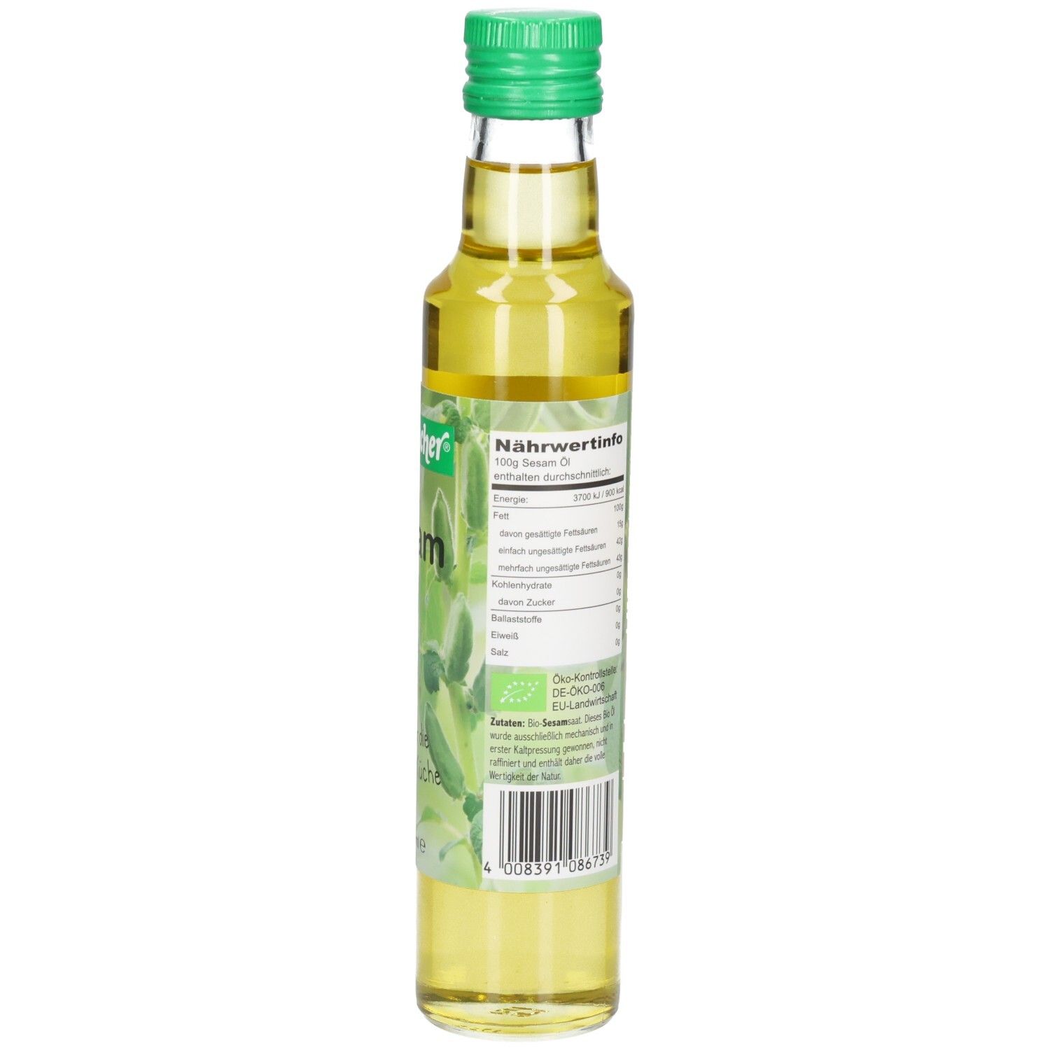 Rückansicht der Glasflasche. Etikett mit Nährwertinformationen und Text.