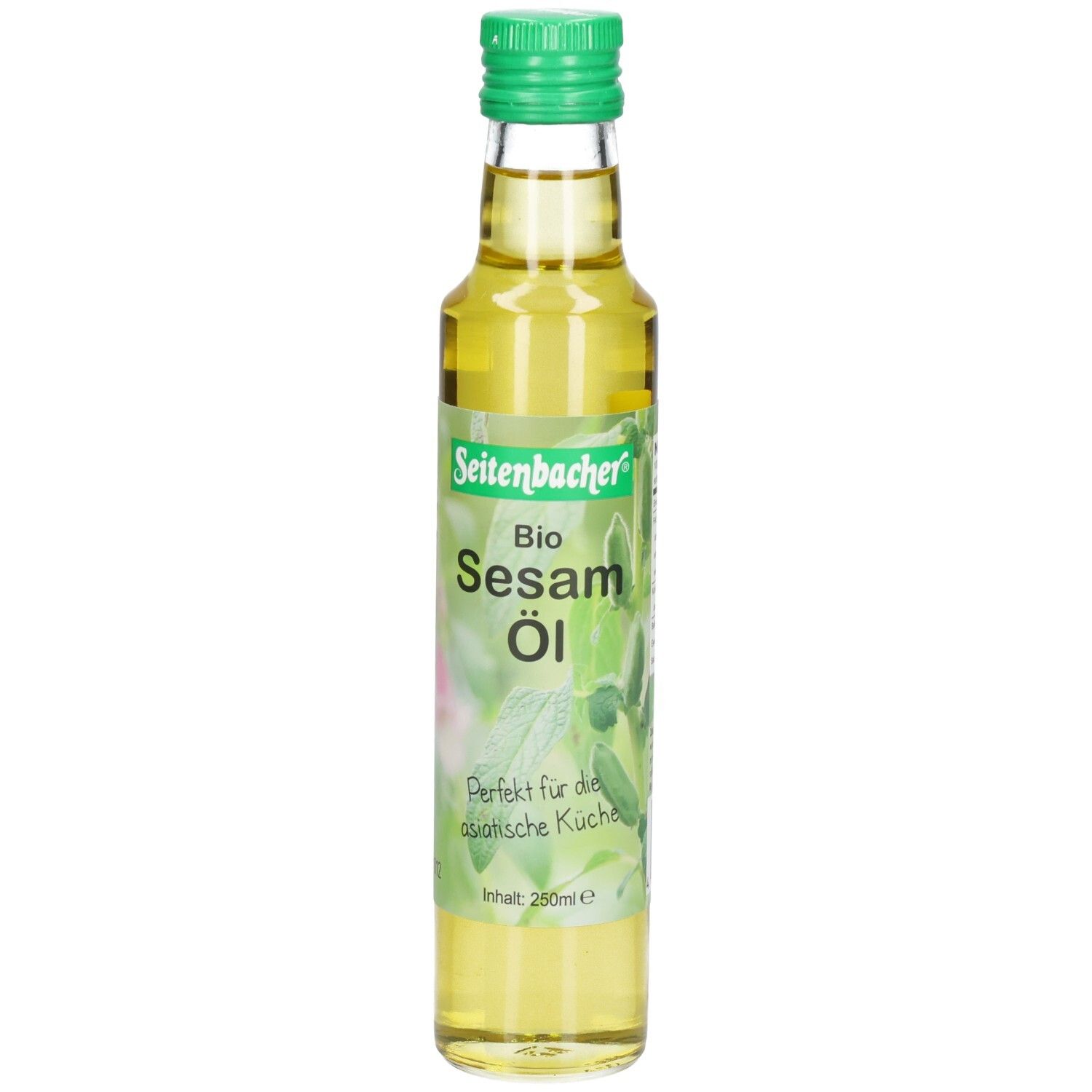 Glasflasche mit grünem Deckel. Etikett mit "Seitenbacher Bio Sesam Öl".
