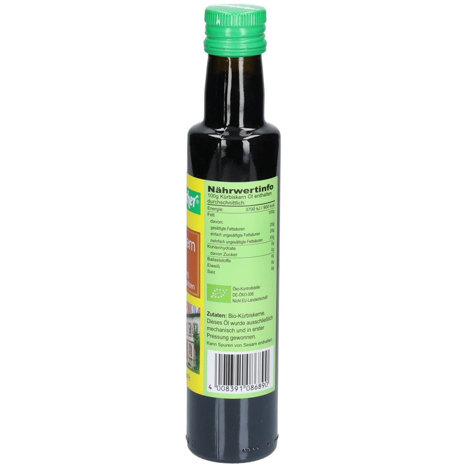 Braune Glasflasche mit grünem Deckel. Etikett mit Nährwertinformationen. Seitenbacher Kürbiskern Öl. Bio-Zertifizierung.