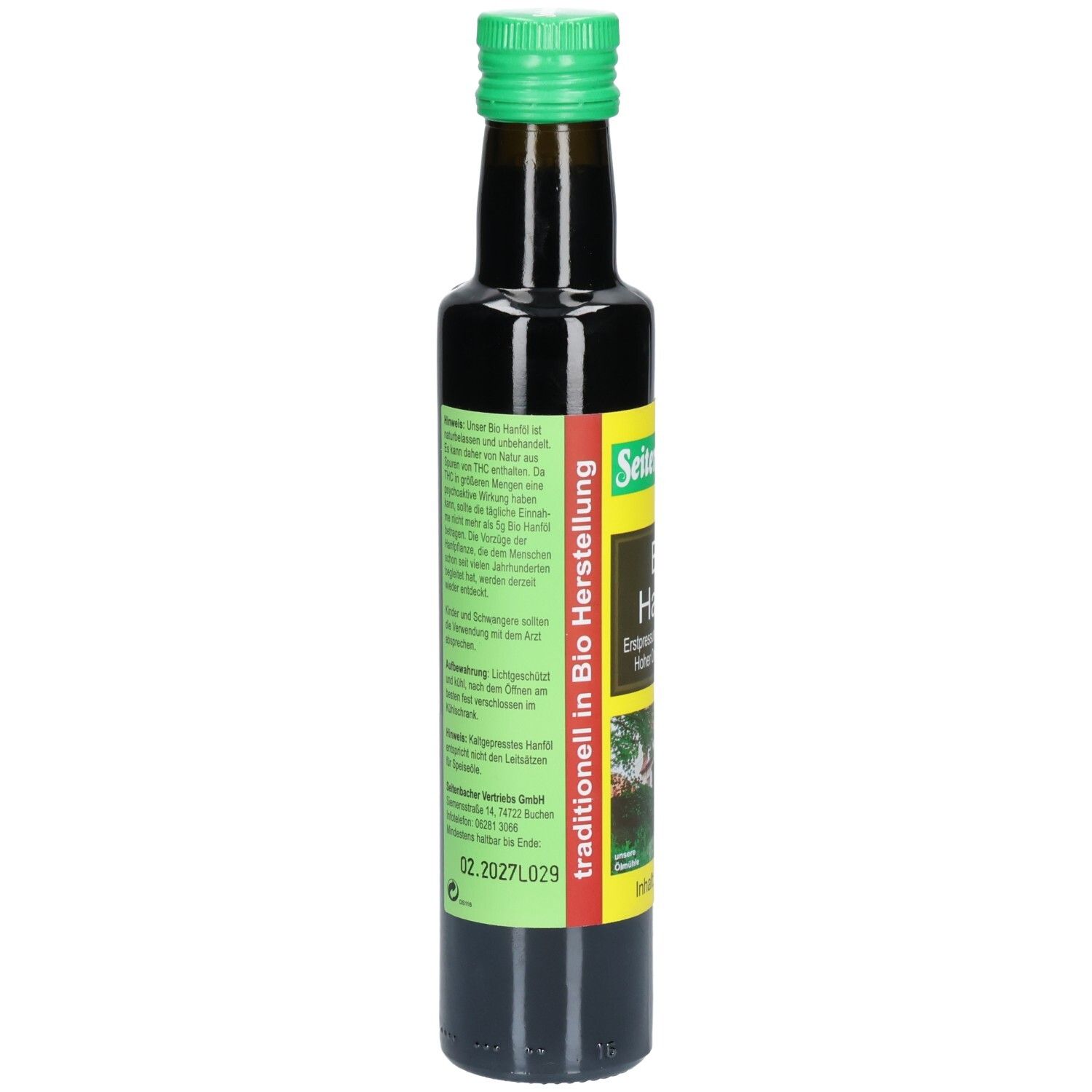 Braune Glasflasche mit grünem Deckel. Etikett mit Text. Rückseite mit Informationen.