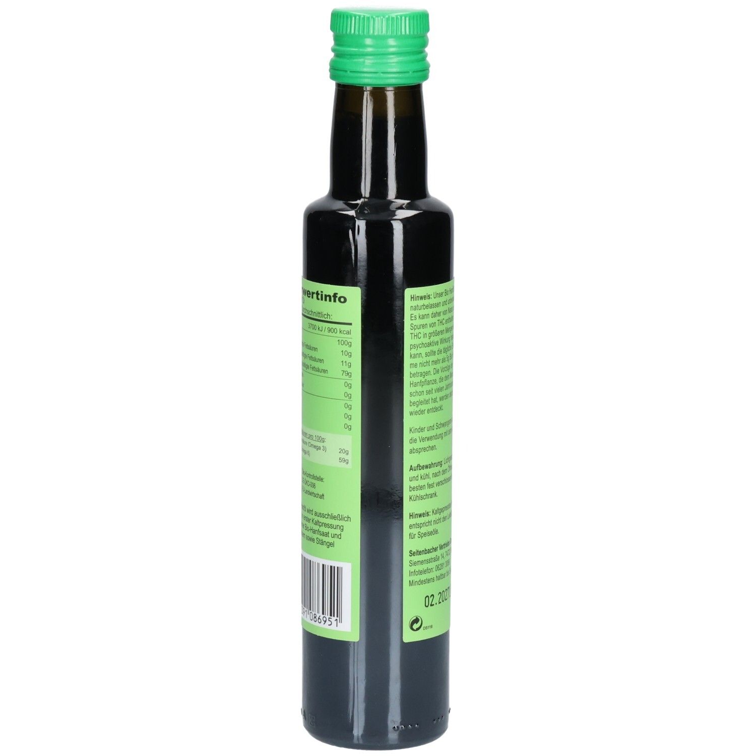 Braune Glasflasche mit grünem Deckel. Etikett mit Nährwertinformationen und Barcode.