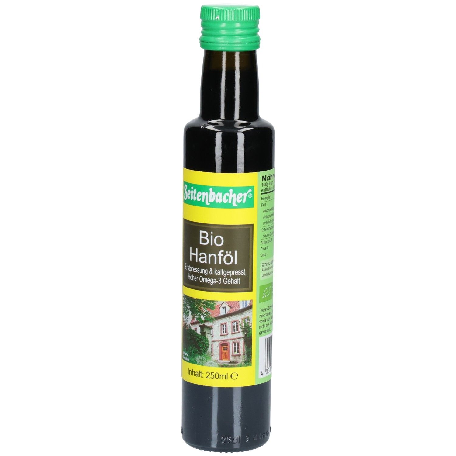 Braune Glasflasche mit grünem Deckel. Etikett mit Produktname und Logo. Inhalt: 250ml.