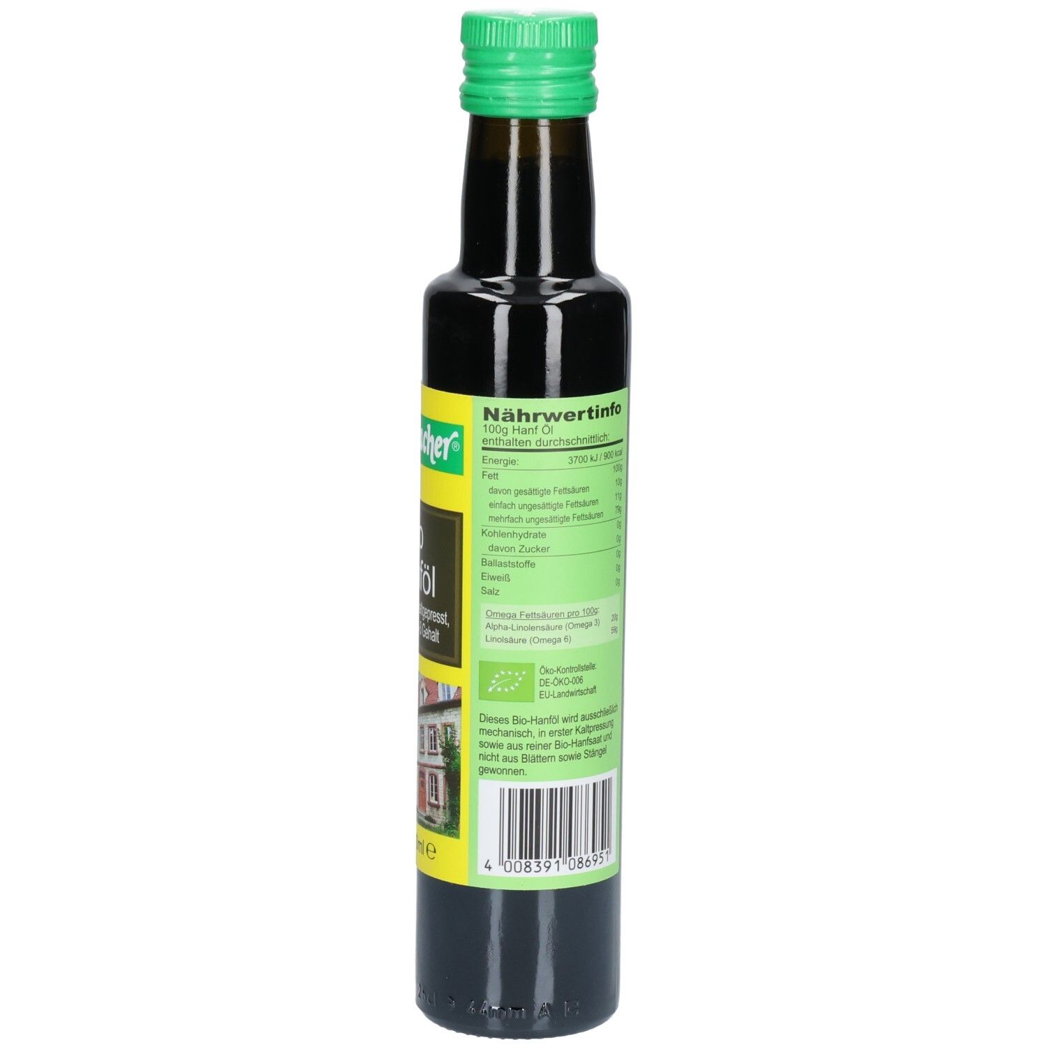 Braune Glasflasche mit grünem Deckel. Etikett mit Nährwertangaben und Barcode.