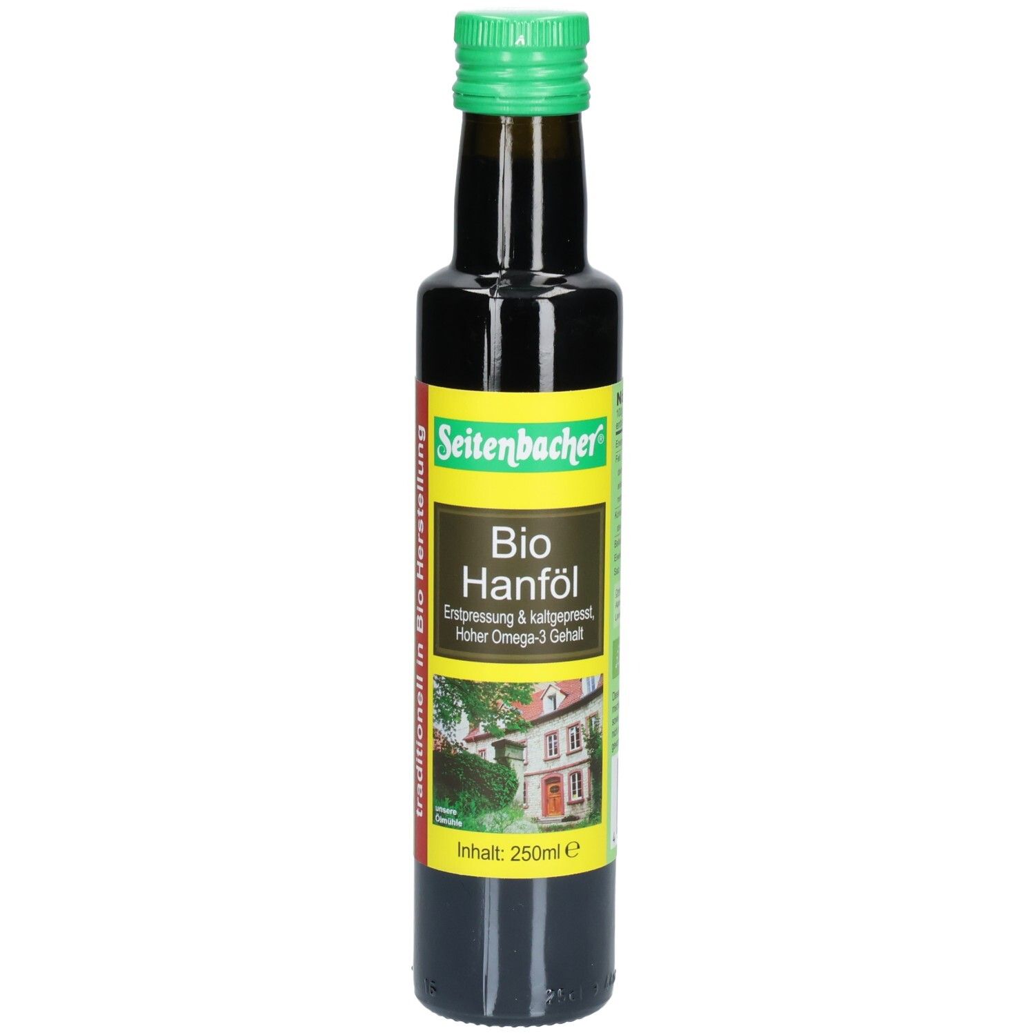Braune Glasflasche mit grünem Deckel. Etikett mit Produktname und Logo. Inhalt: 250ml.