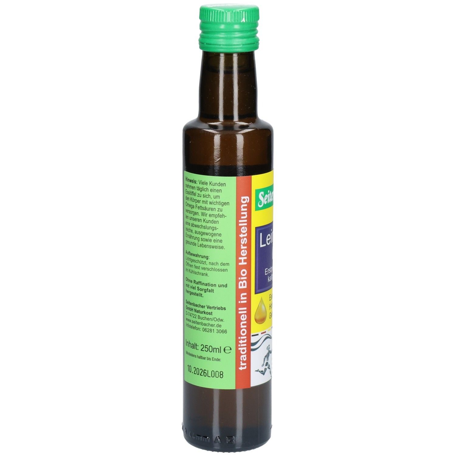 Braune Glasflasche mit grünem Deckel. Etikett mit Text und Informationen. Text: traditionell in Bio Herstellung, 250ml.
