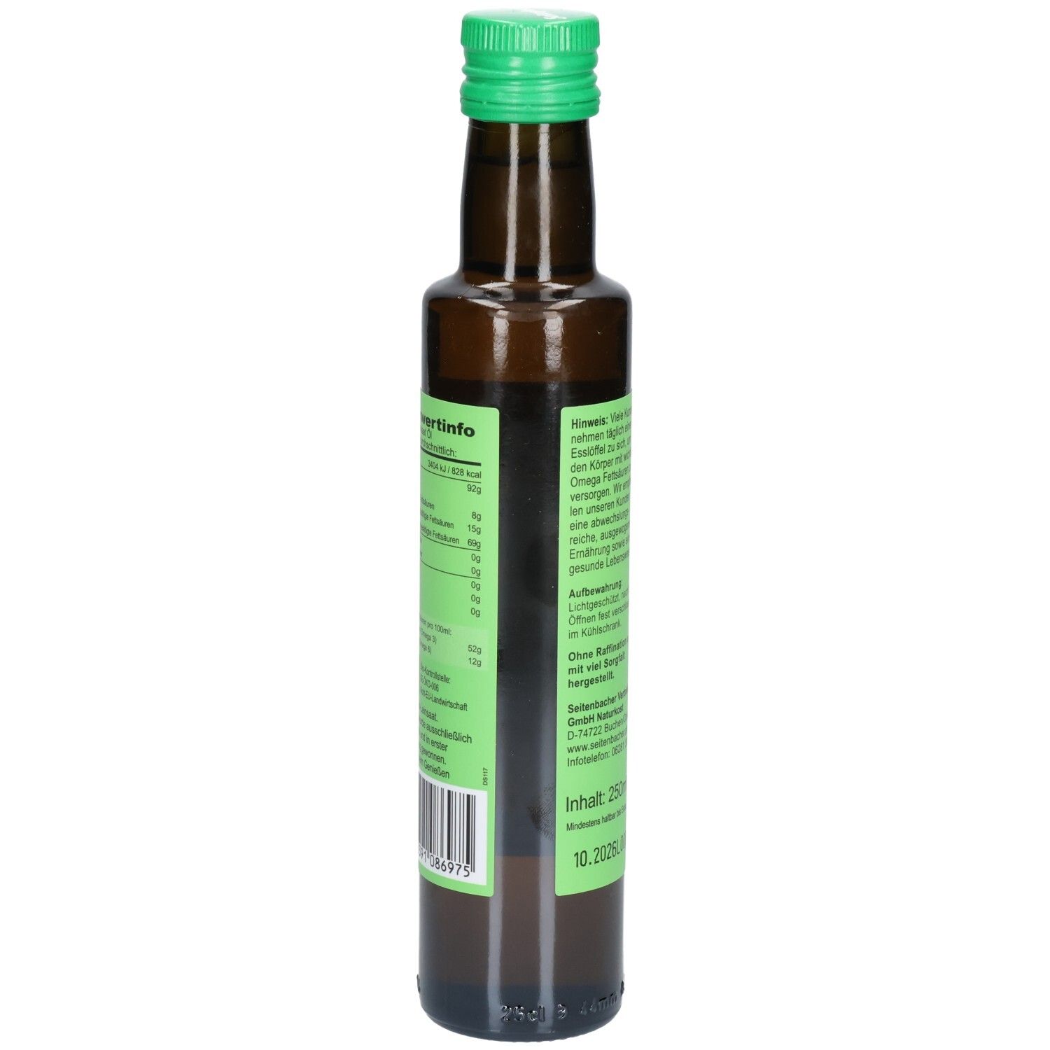 Braune Glasflasche mit grünem Deckel. Grünes Etikett mit Nährwertangaben und Barcode. Text: Nährwertinfo, 250ml.