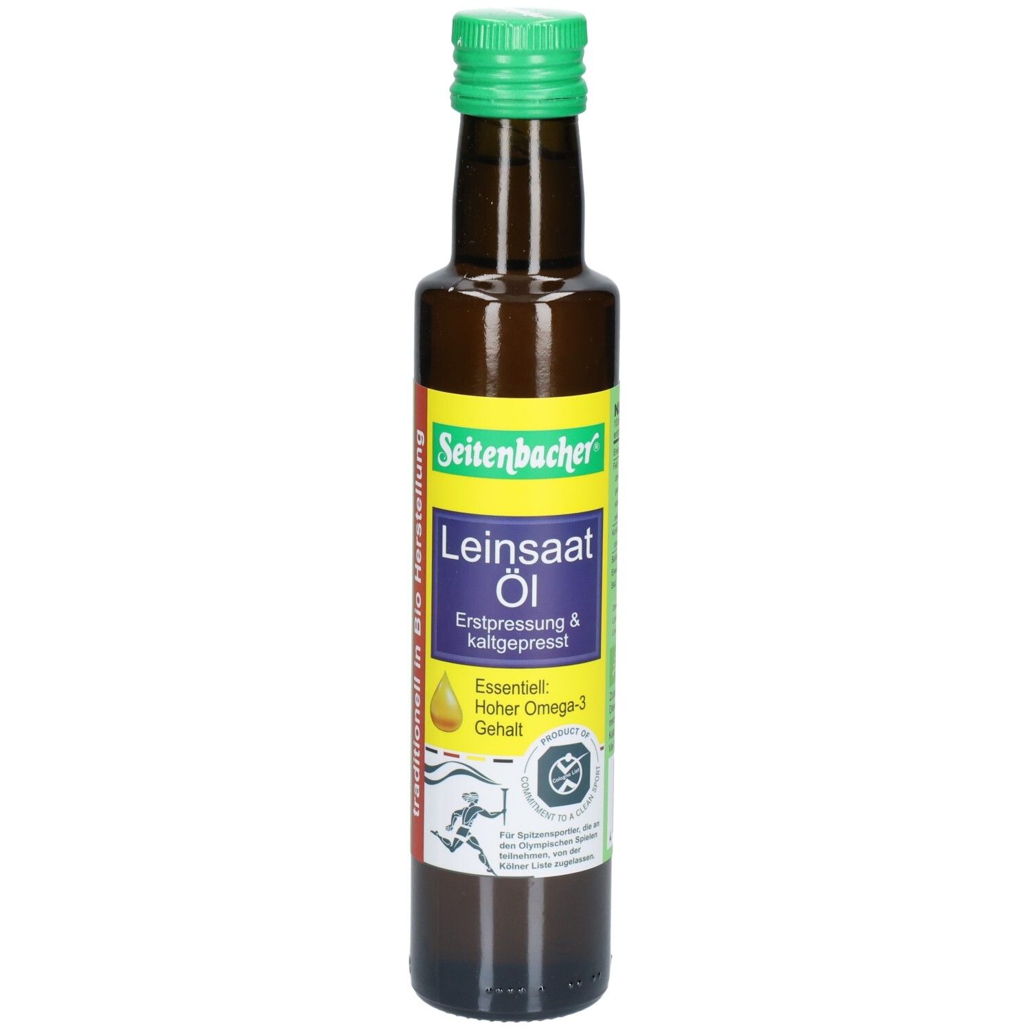 Braune Glasflasche mit grünem Deckel. Etikett mit Produktbezeichnung und Logo. Text: Leinsaat Öl, Erstpressung & kaltgepresst.