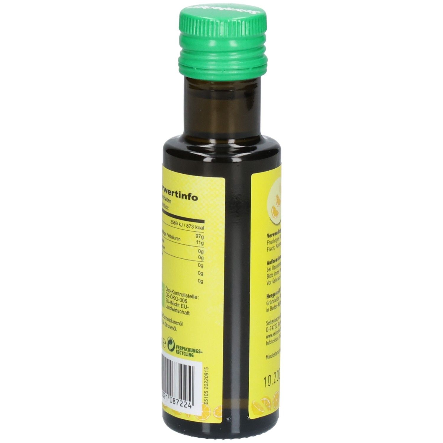 Rückseite der Flasche. Etikett mit Nährwertangaben und Recycling-Symbol.