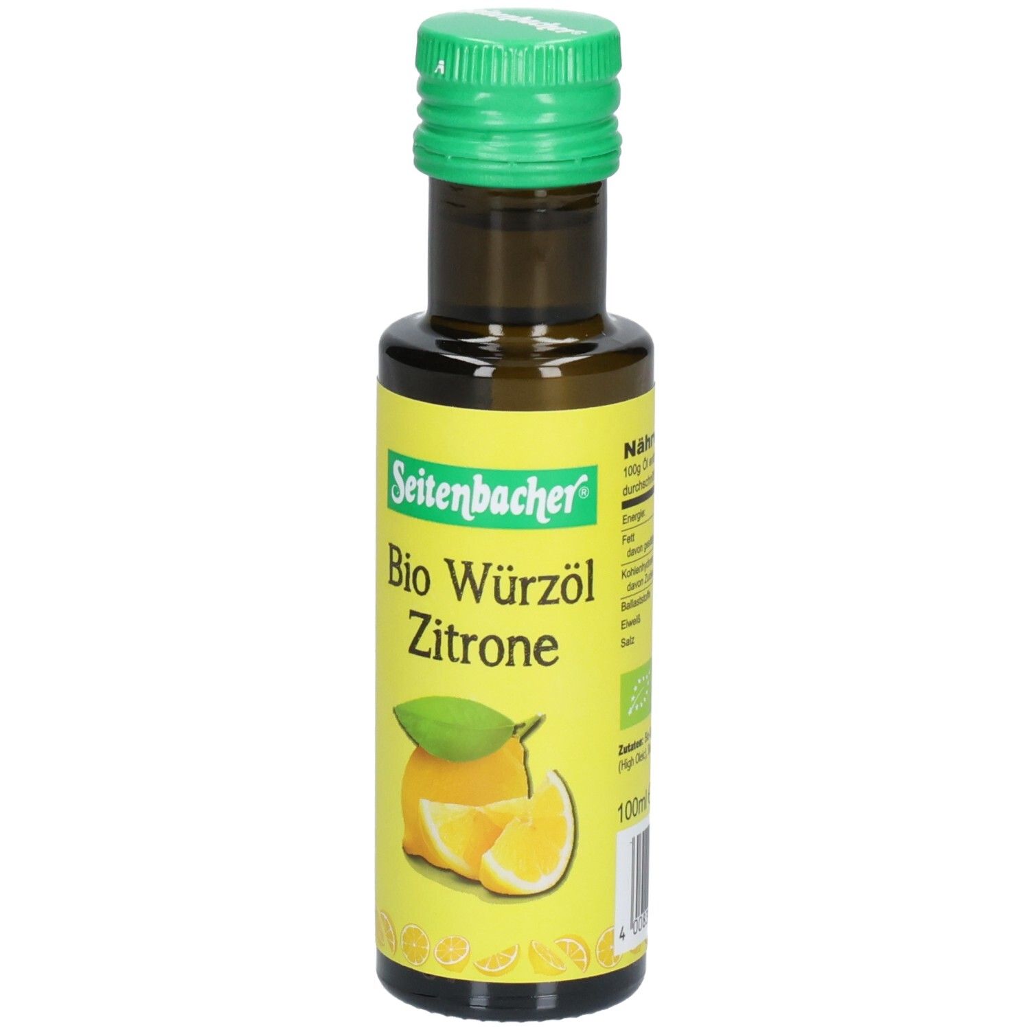 Braune Glasflasche mit grünem Deckel. Etikett mit Produktname, Zitrone-Illustration und Logo.