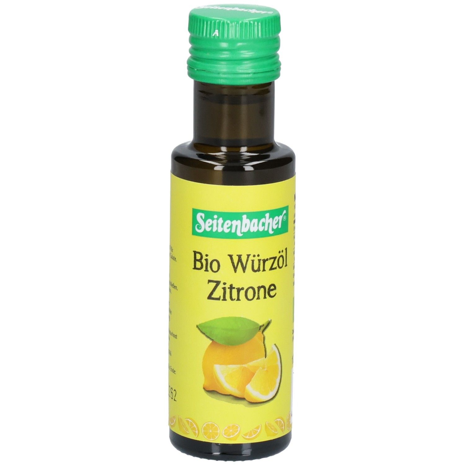 Braune Glasflasche mit grünem Deckel. Etikett mit Produktname, Zitrone-Illustration und Logo.