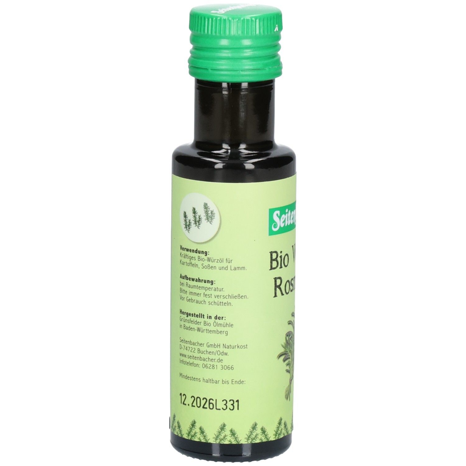 Braune Glasflasche mit grünem Deckel. Etikett mit Produktinformationen und Text. Seitenbacher Bio Würzöl Rosmarin.