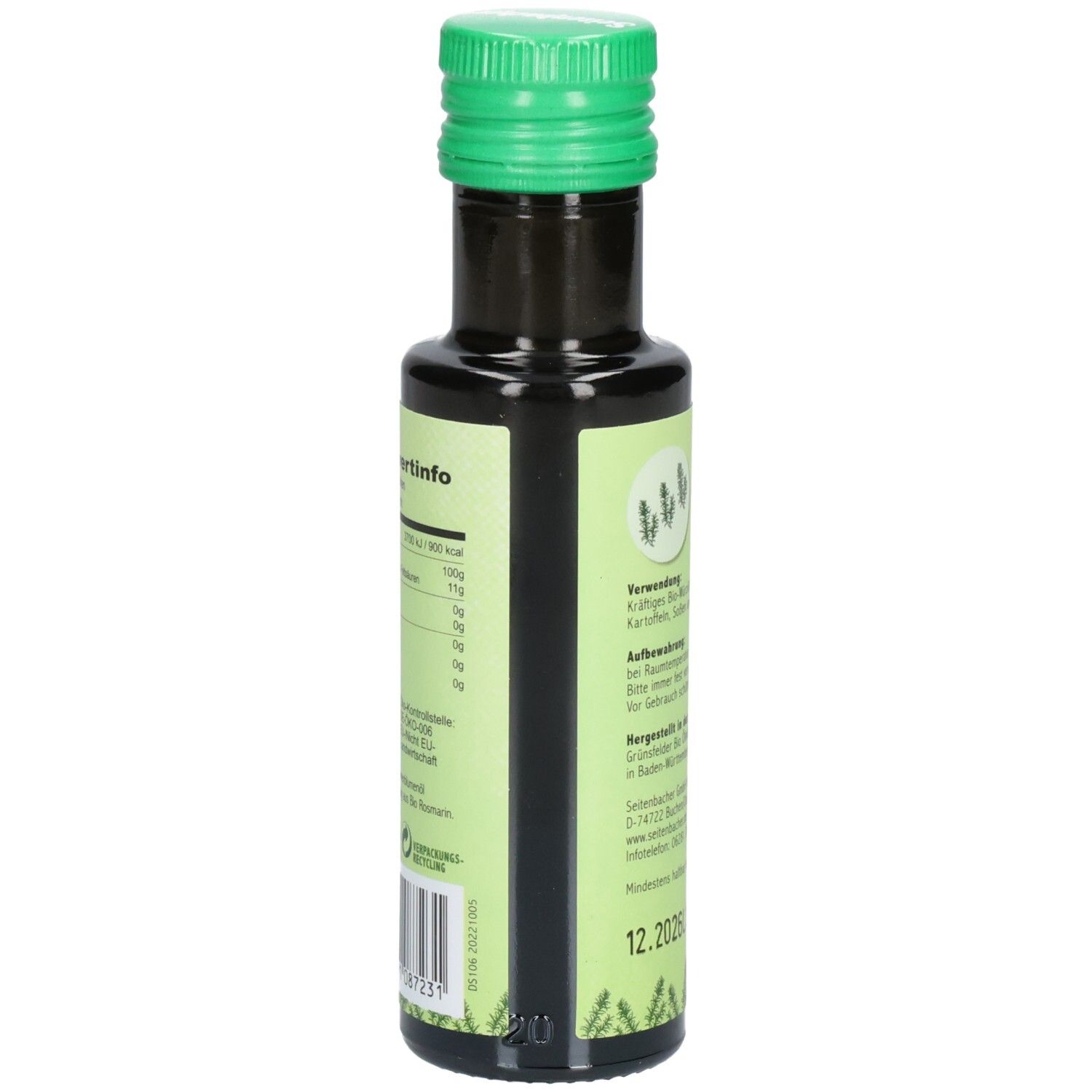 Braune Glasflasche mit grünem Deckel. Etikett mit Produktinformationen und Text. Seitenbacher Bio Würzöl Rosmarin.