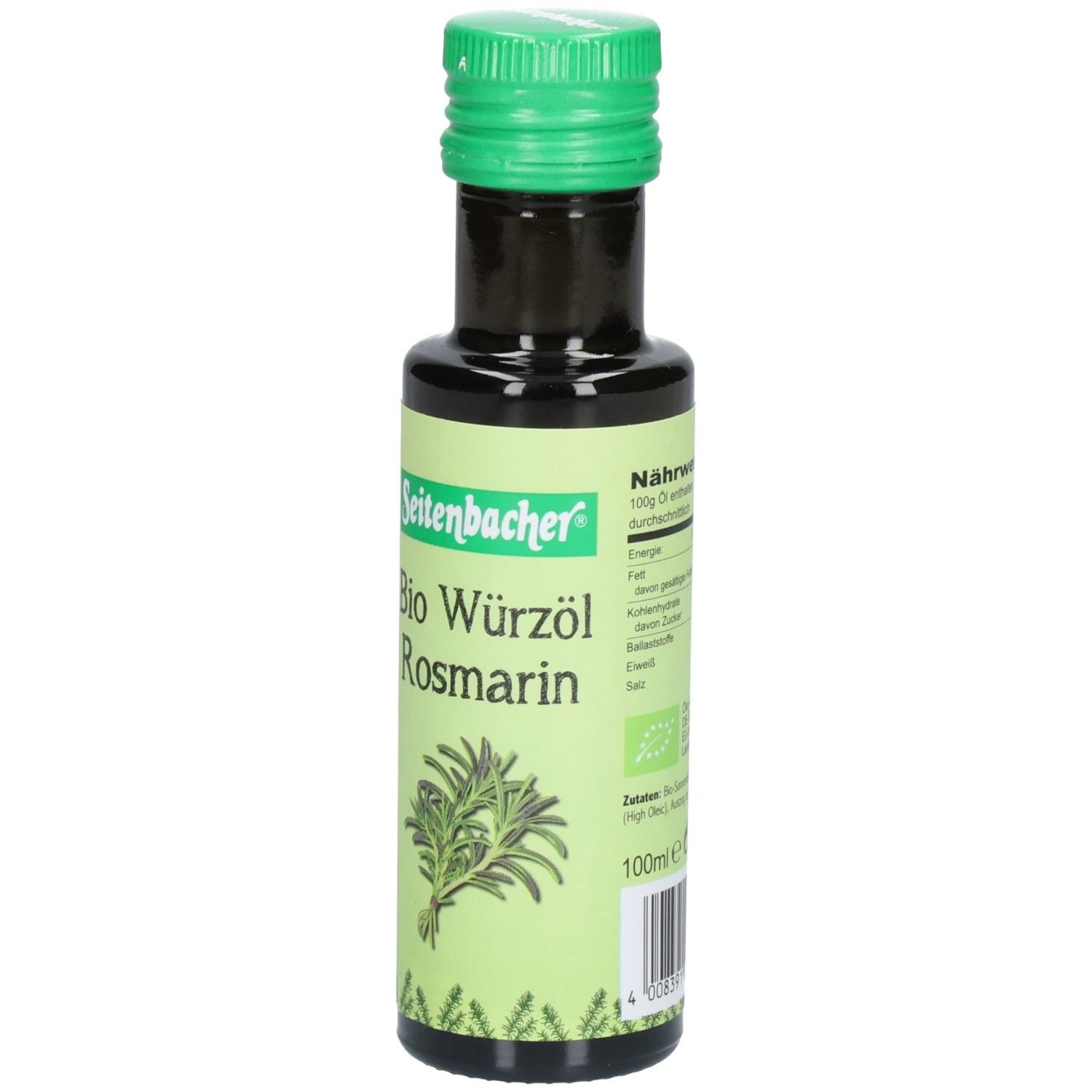 Braune Glasflasche mit grünem Deckel. Etikett mit Produktname, Rosmarindekoration und Bio-Siegel. Seitenbacher Bio Würzöl Rosmarin.