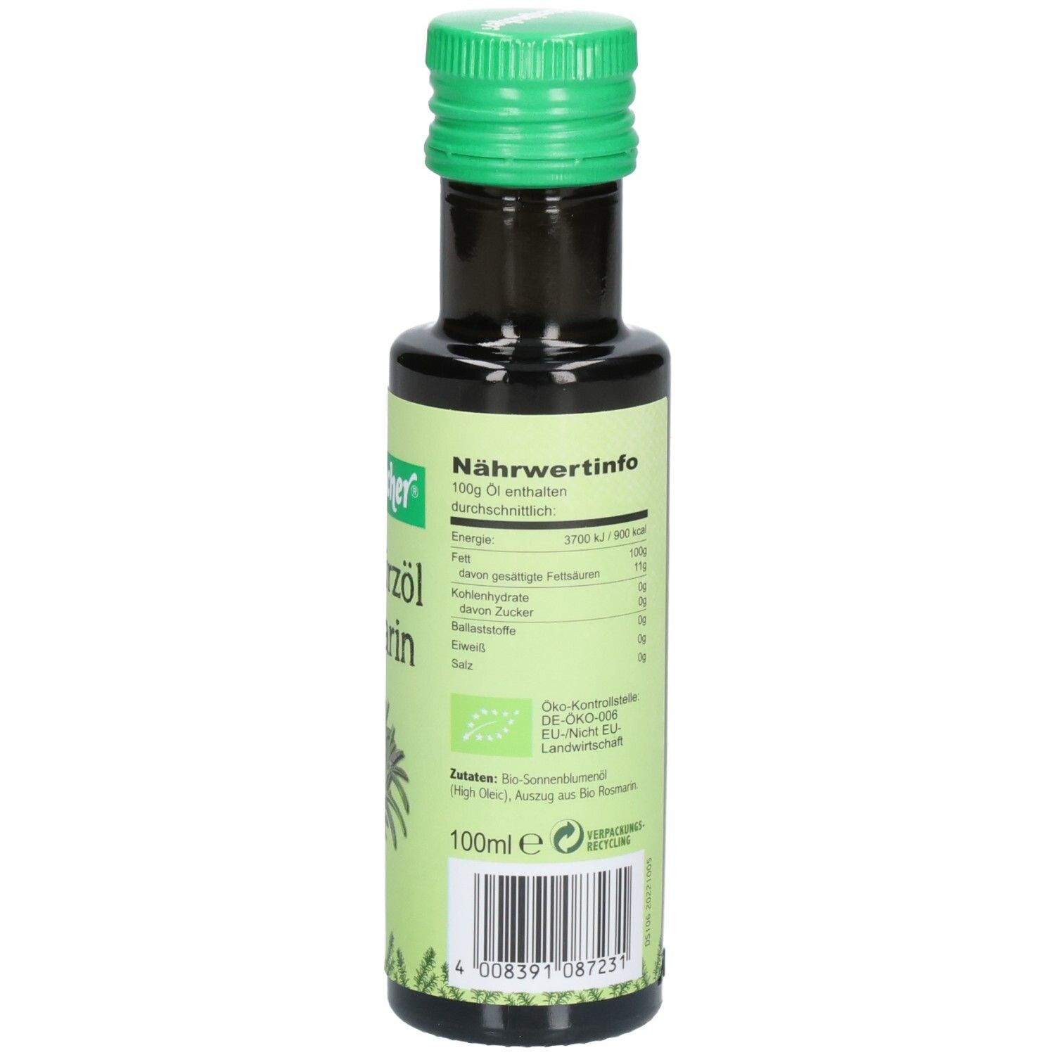 Braune Glasflasche mit grünem Deckel. Etikett mit Nährwertinformationen und Bio-Siegel. Seitenbacher Bio Würzöl Rosmarin.
