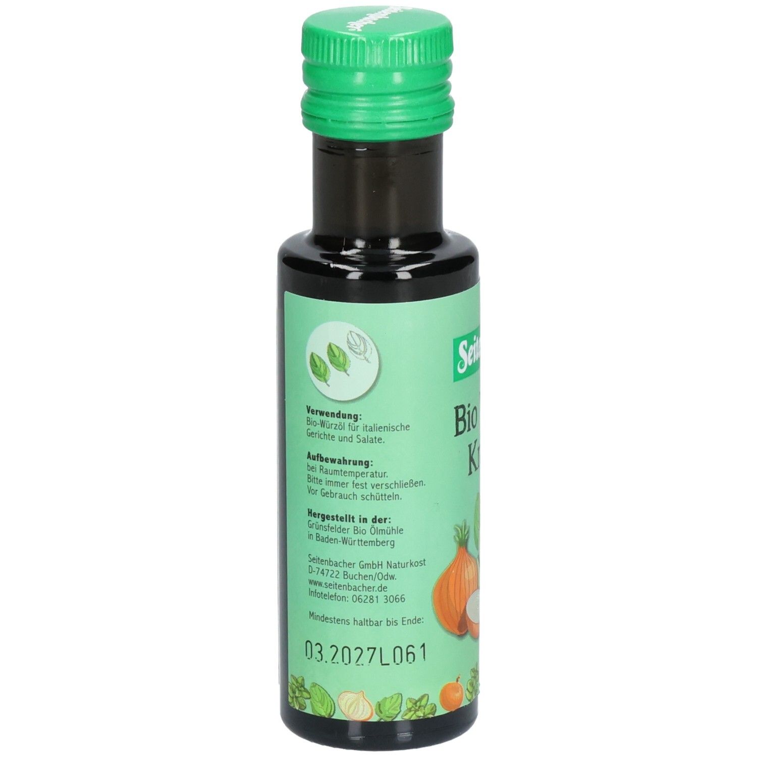 Grüne Flasche mit grünem Deckel. Rückseite mit Text: Verwendung, Aufbewahrung, Hersteller. Abbildung von Zwiebeln und Kräutern.