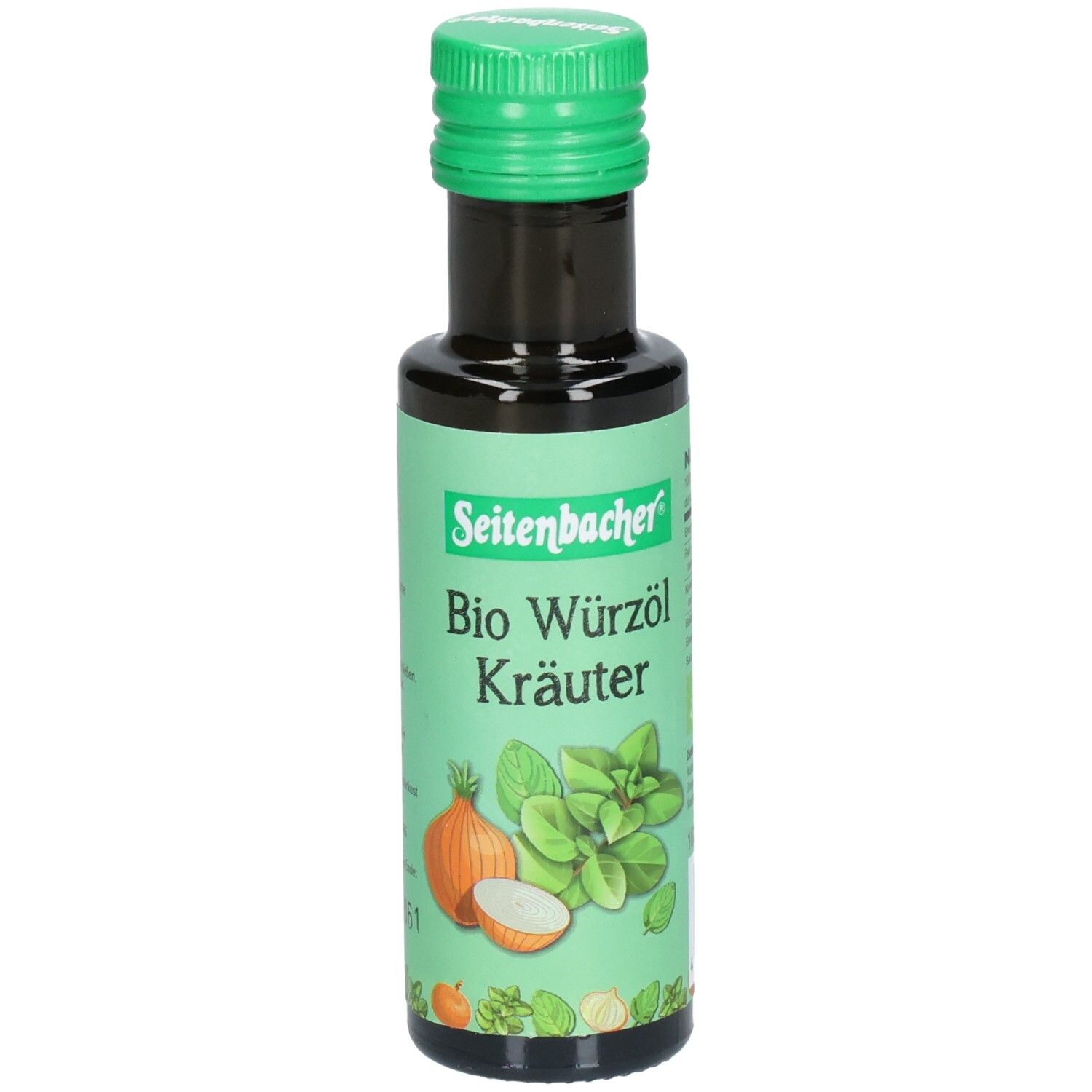 Grüne Flasche mit grünem Deckel. Aufschrift: Seitenbacher Bio Würzöl Kräuter. Abbildung von Zwiebeln und Kräutern.