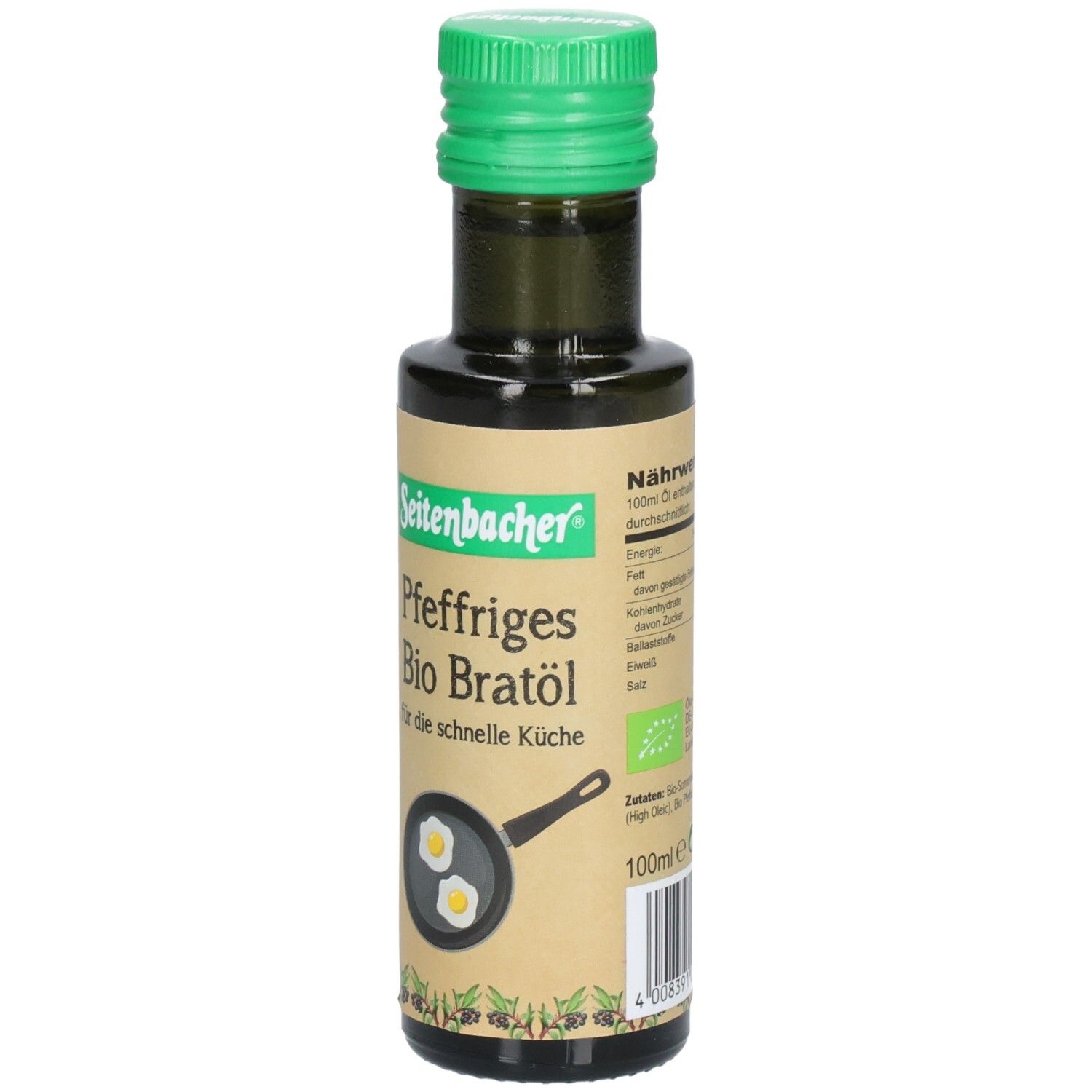 Grüne Glasflasche mit grünem Deckel. Etikett mit Produktname: Pfeffriges Bio Bratöl. Bio-Siegel und Nährwertangaben.