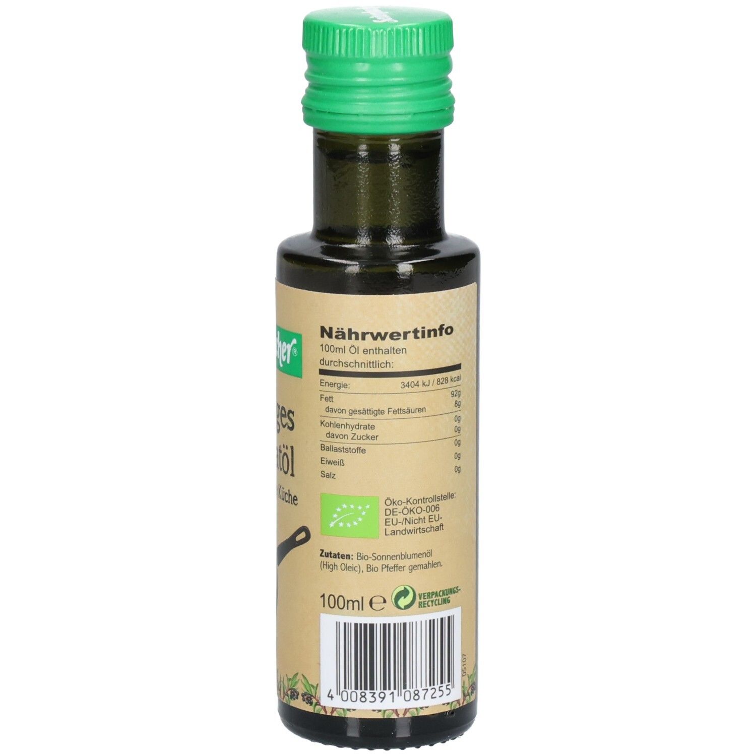 Grüne Glasflasche mit grünem Deckel. Etikett mit Nährwertinformationen und Bio-Siegel. 100ml-Angabe.