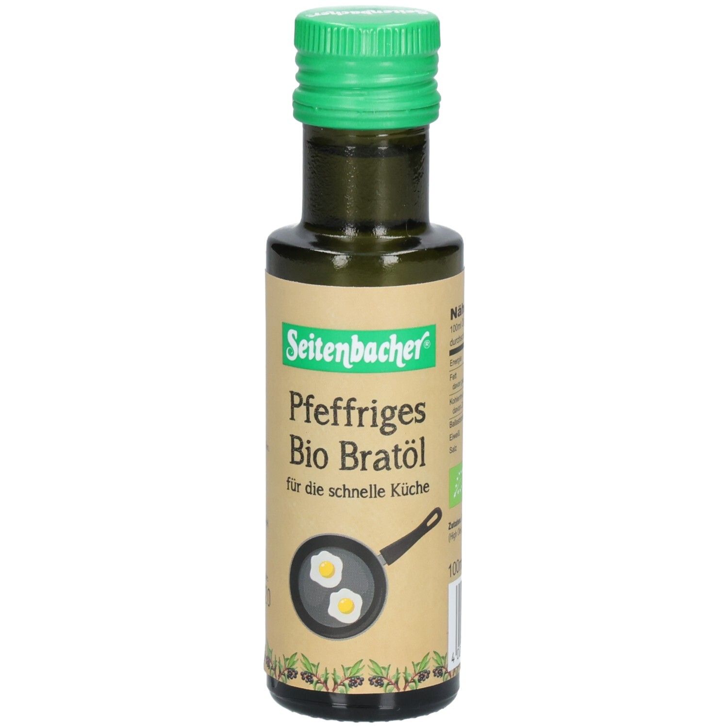 Grüne Glasflasche mit grünem Deckel. Etikett mit Produktname: Pfeffriges Bio Bratöl. Abbildung einer Pfanne mit Spiegeleiern.