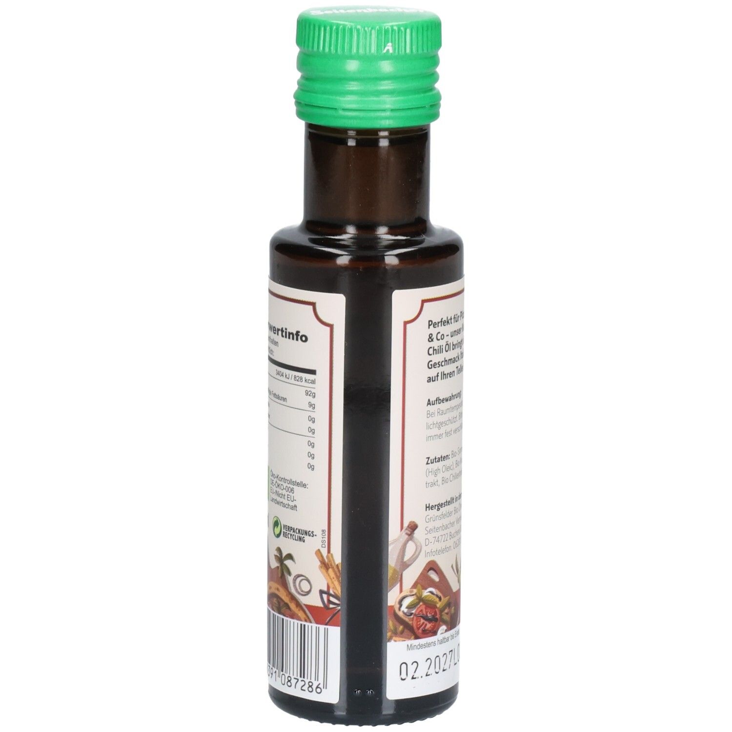 Braune Glasflasche mit grünem Deckel. Rückseite mit Text und Nährwertinformationen. Recycling-Logo.