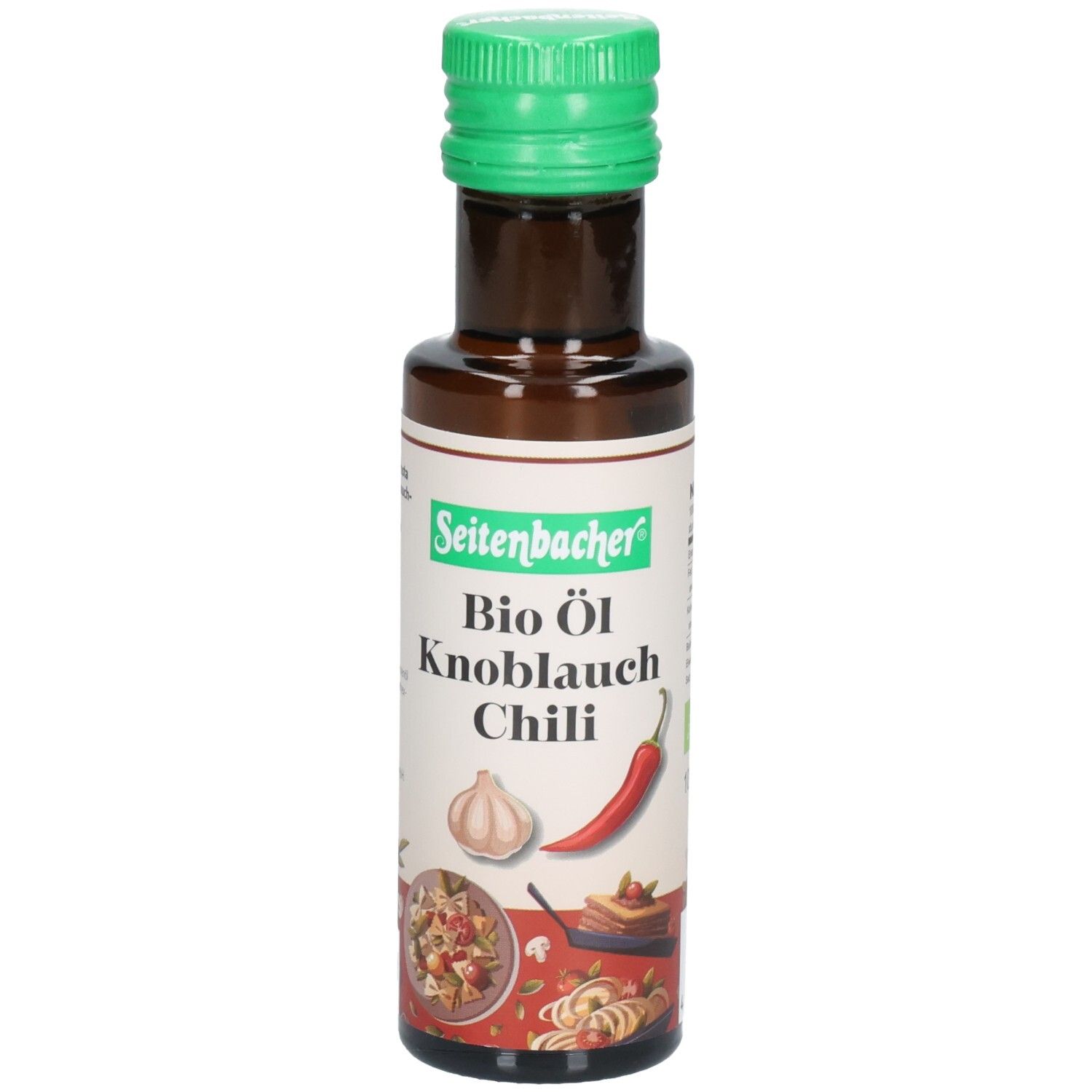 Braune Glasflasche mit grünem Deckel. Aufschrift: Seitenbacher Bio Öl Knoblauch Chili. Abbildung von Knoblauch und Chili.