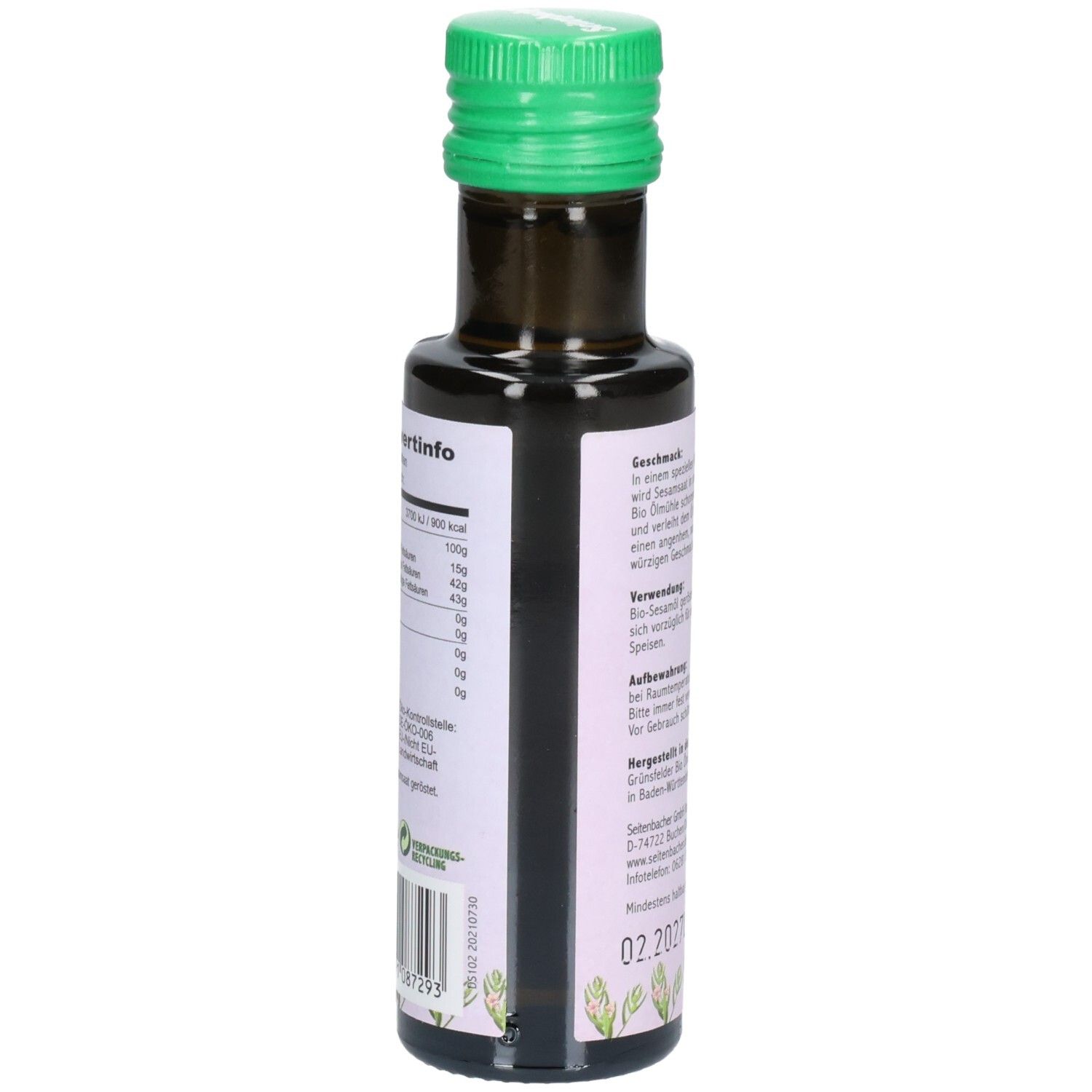 Rückseite der braunen Glasflasche. Etikett mit Nährwertinformationen und weiteren Texten. Grüner Deckel.