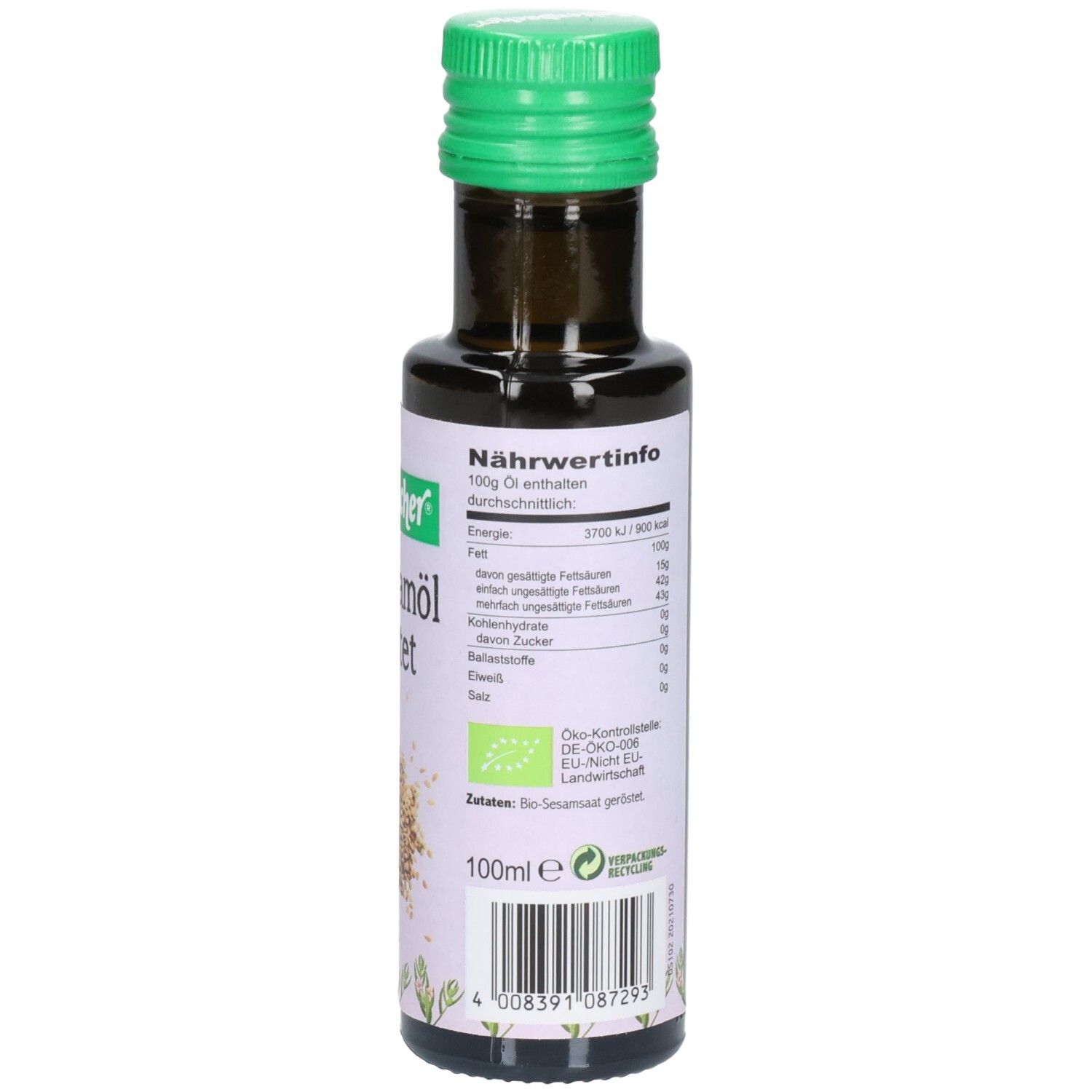 Braune Glasflasche mit grünem Deckel. Etikett mit Nährwertinformationen, "Seitenbacher Bio Sesamöl geröstet" und Bio-Siegel.