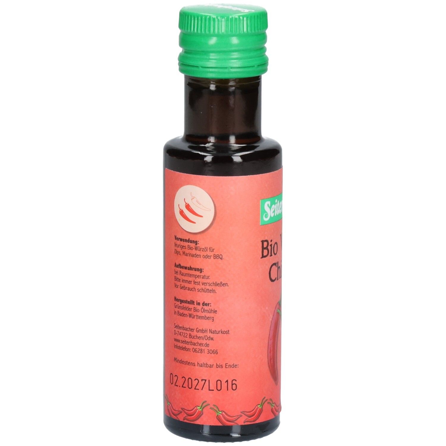 Braune Glasflasche mit grünem Deckel. Etikett mit Produktinformationen und Chili-Abbildung. Marke: Seitenbacher.