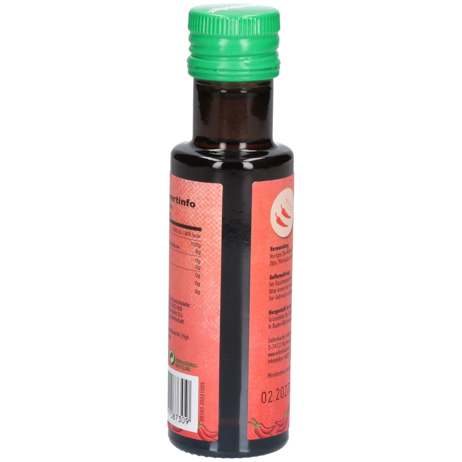 Braune Glasflasche mit grünem Deckel. Etikett mit Nährwertinformationen und Barcode. Marke: Seitenbacher.