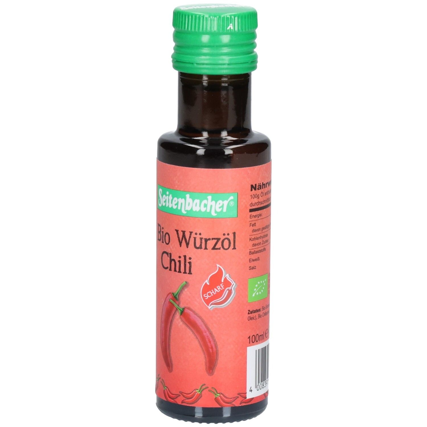 Braune Glasflasche mit grünem Deckel. Etikett mit Produktname, Chili-Abbildung und Bio-Siegel. Marke: Seitenbacher.
