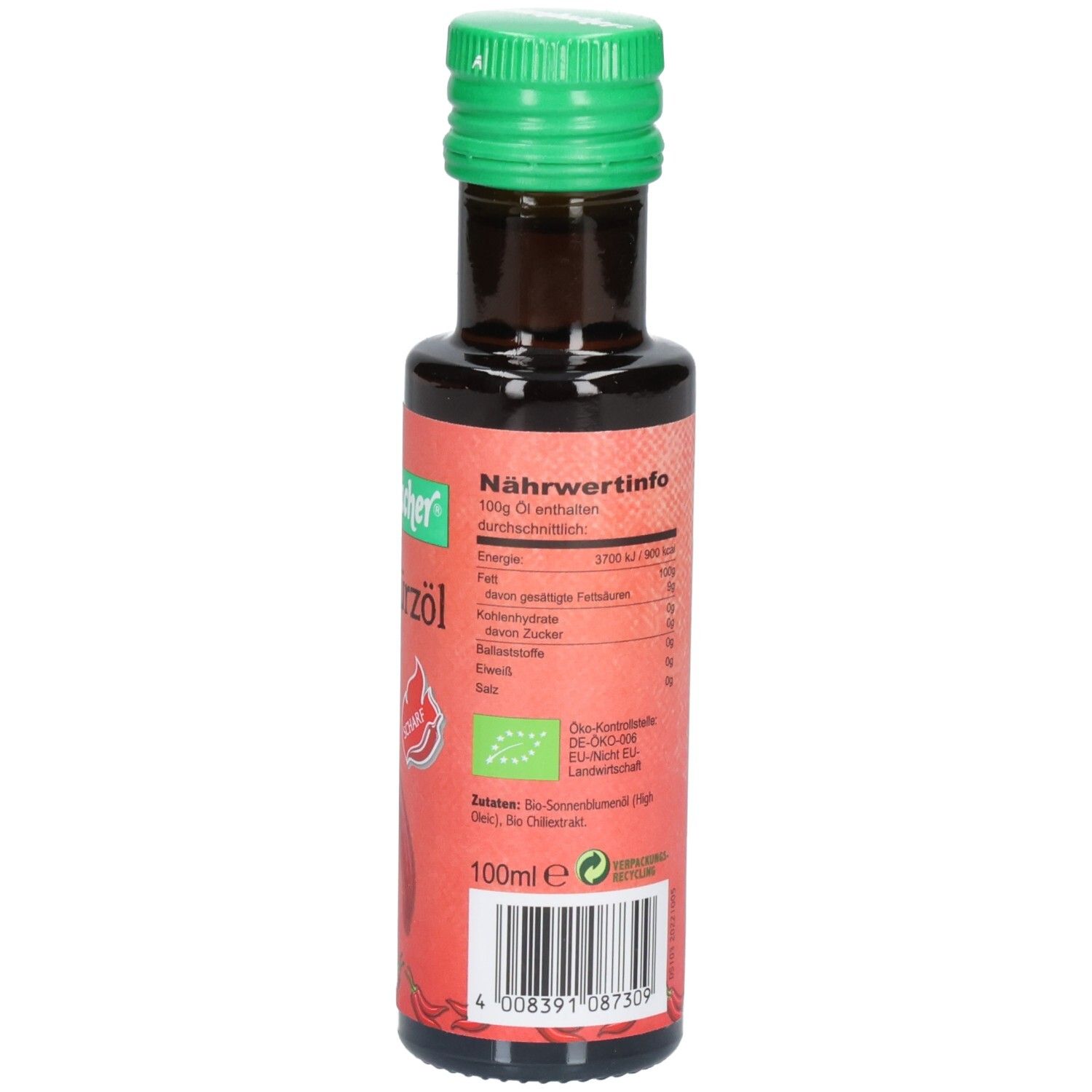 Braune Glasflasche mit grünem Deckel. Etikett mit Nährwertinformationen und Bio-Siegel. Marke: Seitenbacher.