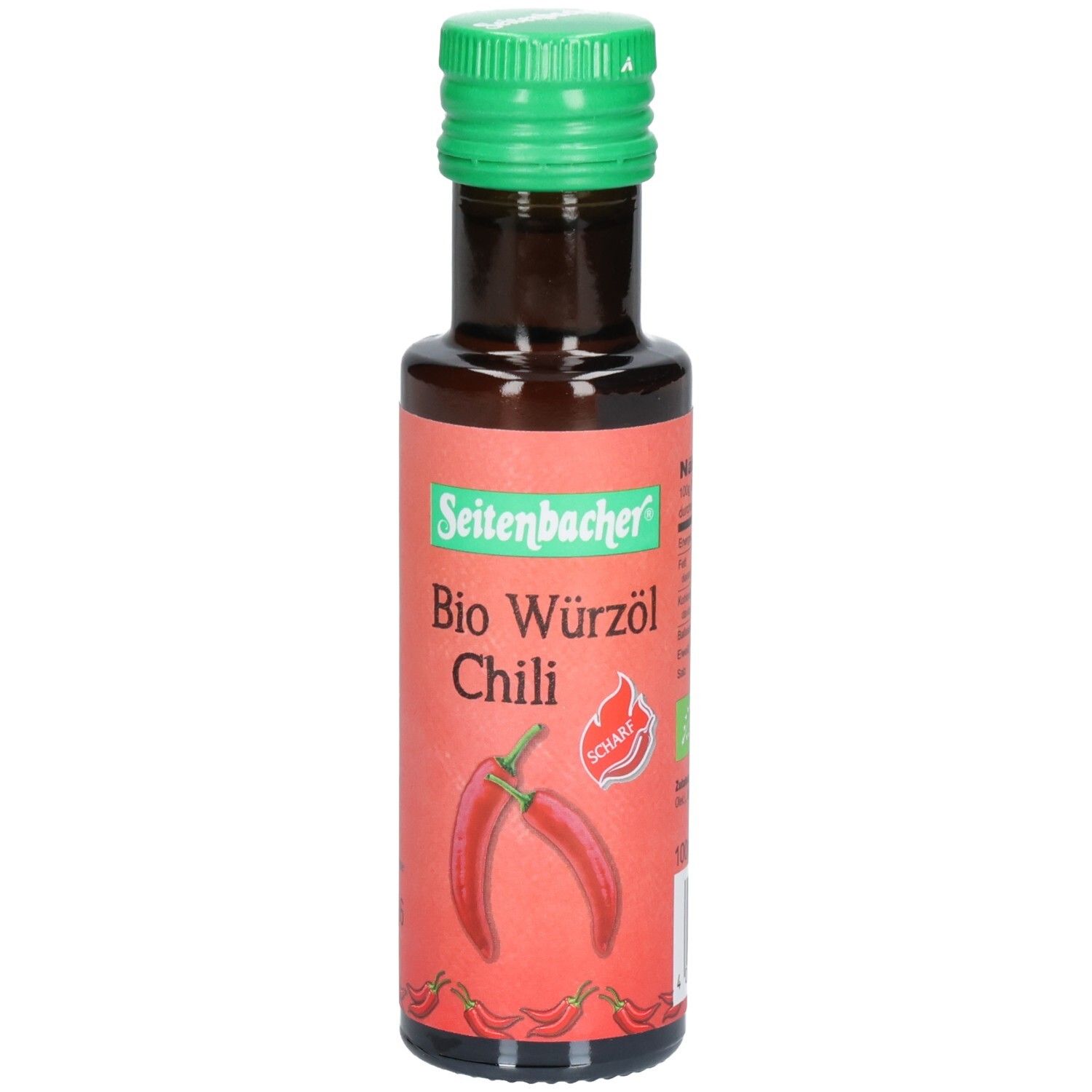 Braune Glasflasche mit grünem Deckel. Etikett mit Produktname und Chili-Abbildung. Marke: Seitenbacher.