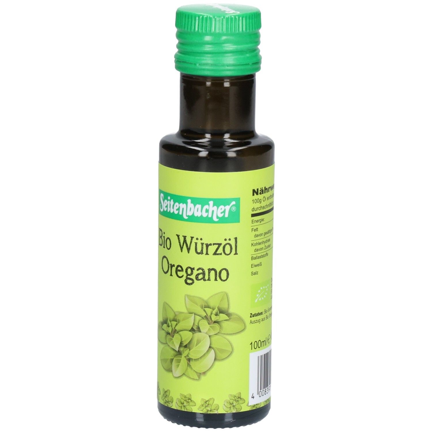 Braune Glasflasche mit grünem Deckel. Etikett mit Produktname, Oregano-Abbildung und Nährwertangaben. Seitenbacher Bio Würzöl Oregano.