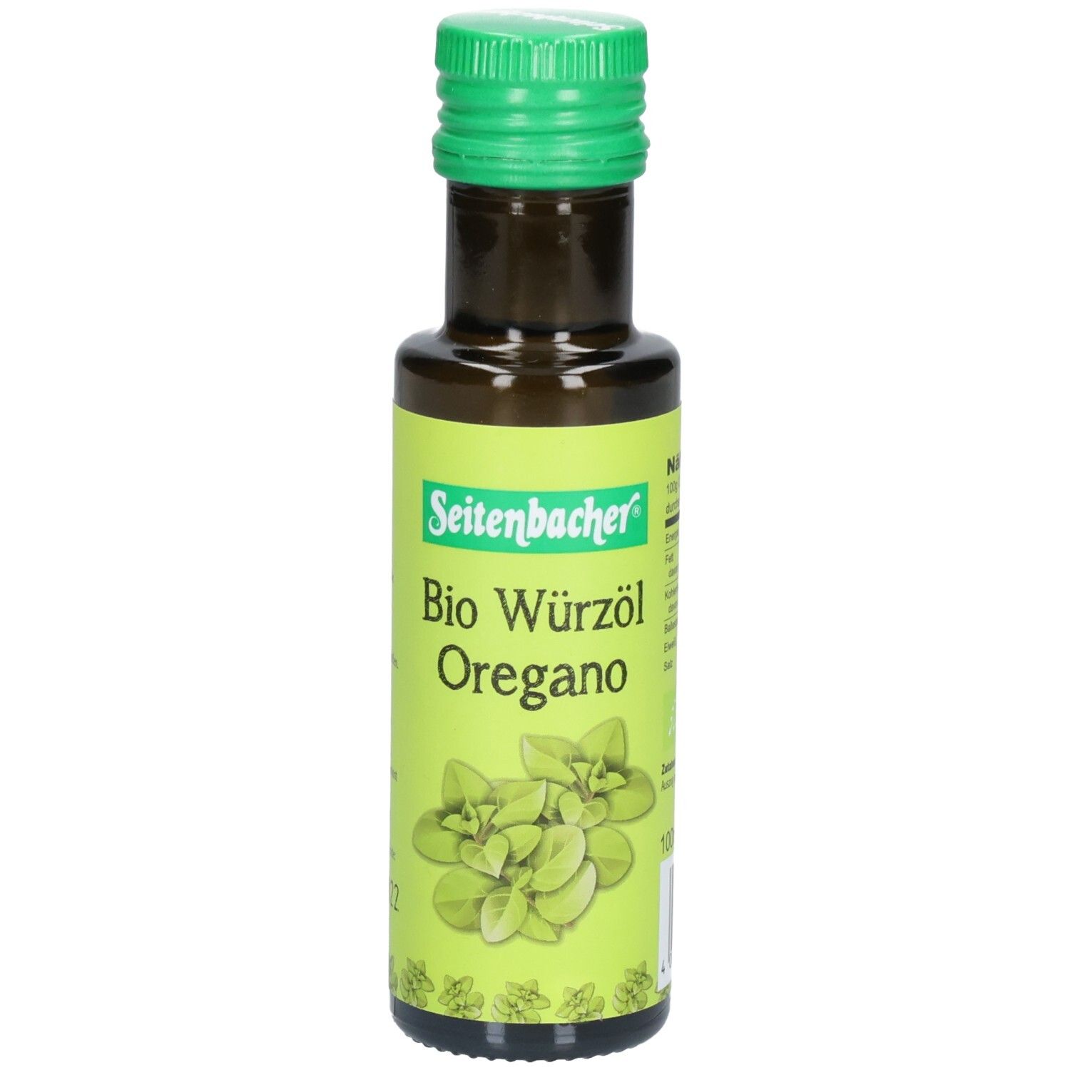 Braune Glasflasche mit grünem Deckel. Etikett mit Produktname und Oregano-Abbildung. Seitenbacher Bio Würzöl Oregano.