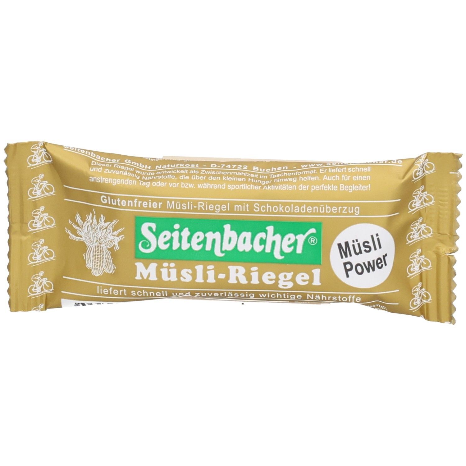 Goldfarbener Riegel in Verpackung. Aufschrift: Seitenbacher Müsli-Riegel, glutenfrei, mit Schokoladenüberzug. Logo und Text in Grün.