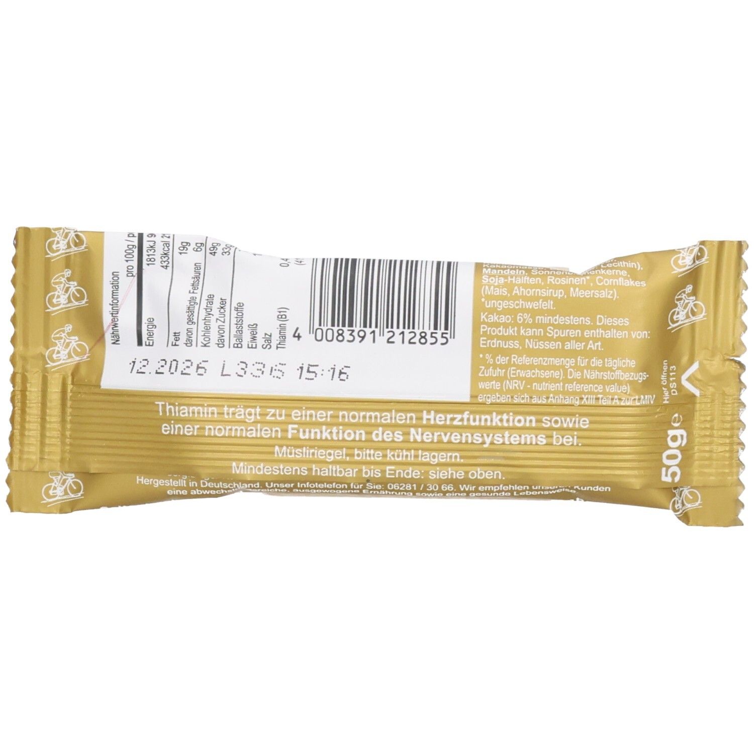 Rückseite der Riegelverpackung. Enthält Nährwertinformationen, Barcode und Text. Gewicht: 50g. Mindestens haltbar bis 12.2026.