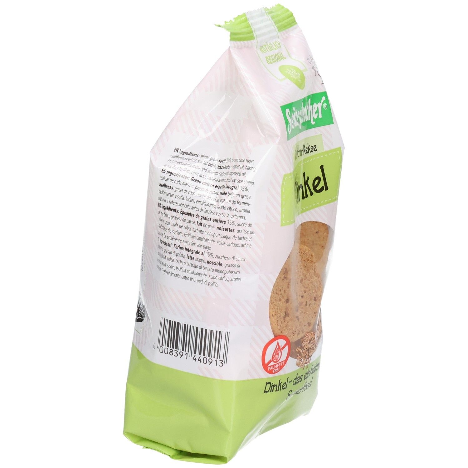 Rückseite der Kekspackung. Text in deutscher Sprache. Grün-weiße Verpackung. Informationen über Dinkel und die Kekse.