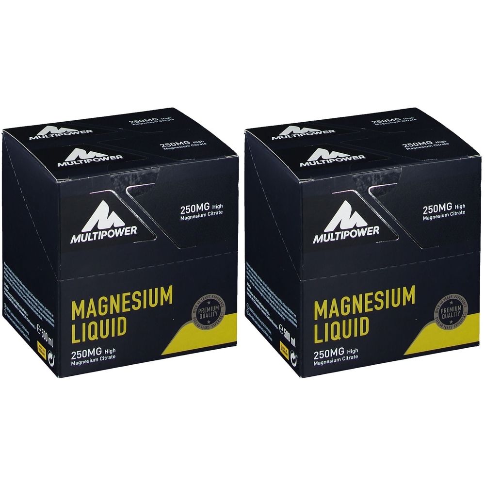 Zwei schwarze Kartons mit "MULTIPOWER Magnesium Liquid". Aufschrift: 250MG, Premium Quality. Gelbe und weiße Akzente.
