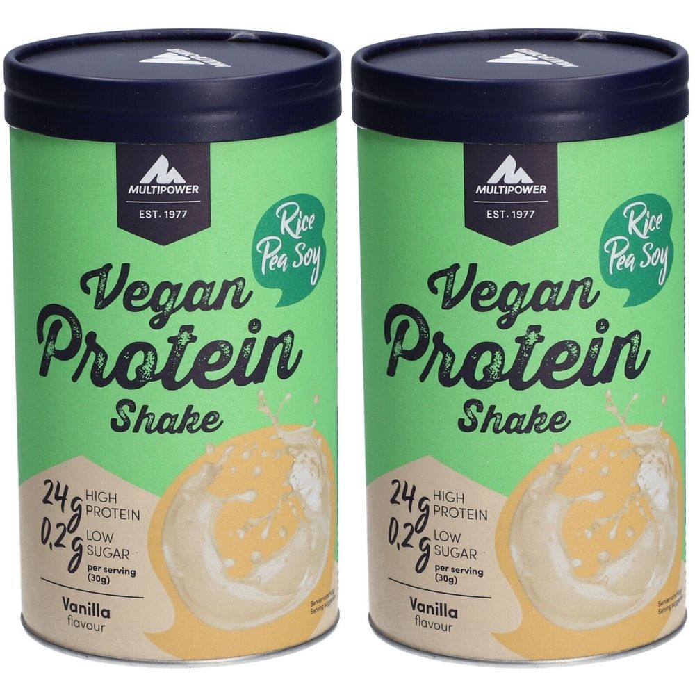 Zwei grüne Dosen mit Deckel. Aufschrift: Multipower Vegan Protein Shake. Enthält Reis, Erbsen, Soja und Vanille. 24g Protein, 0,2g Zucker.