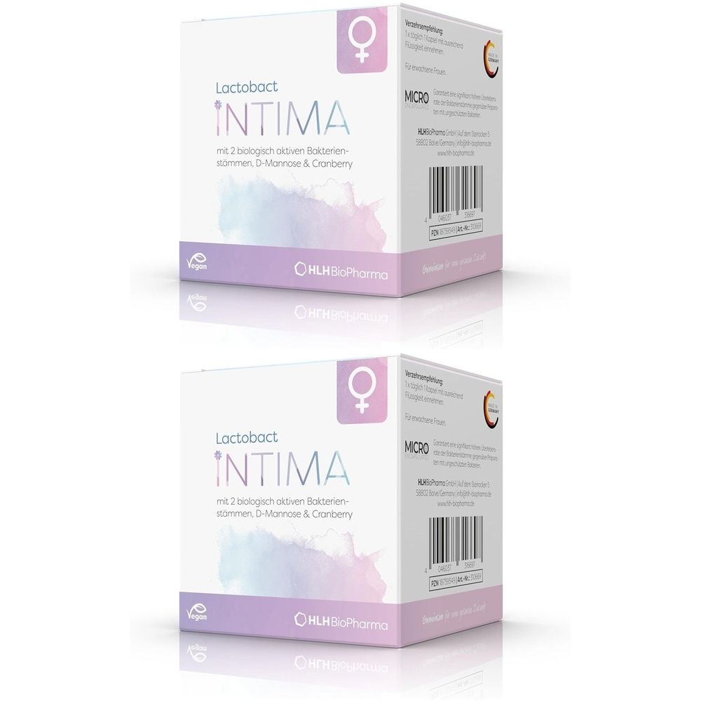 Zwei Kartons Lactobact INTIMA. Weiß, mit Produktnamen und Logo. Enthält eine Abbildung des weiblichen Symbols.